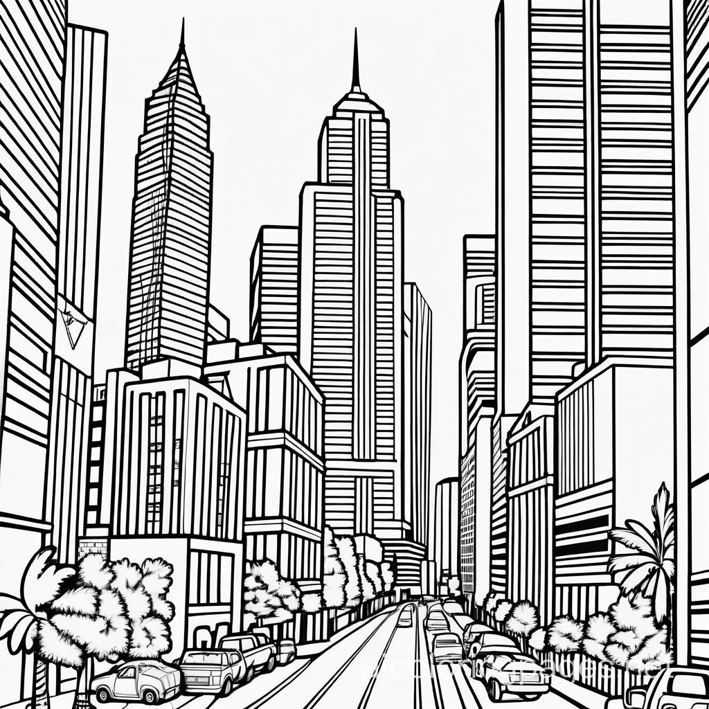 A bustling cityscape with skyscrapers and busty streets, Coloring Page, black and white, line art, white background, Simplicity, Ample White Space. The background of the coloring page is plain white to make it easy for young children to color within the lines. The outlines of all the subjects are easy to distinguish, making it simple for kids to color without too much difficulty