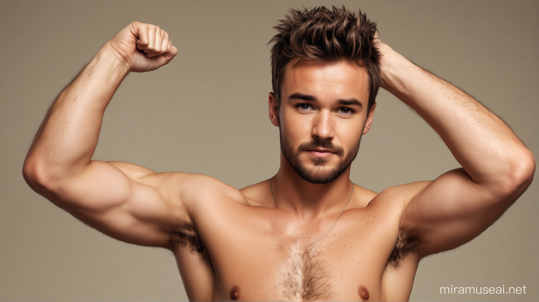 Muscular Liam Payne from One Direction Raises Arms Displaying Strength and Hairy Chest