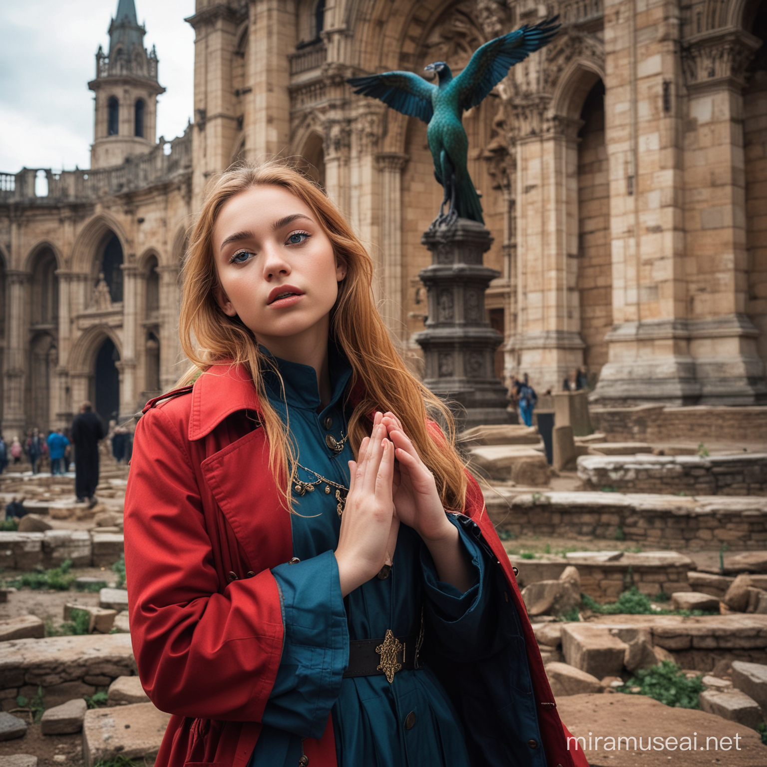 Mystical Teenage Goddess with Peacock and Bloodied Crucifix