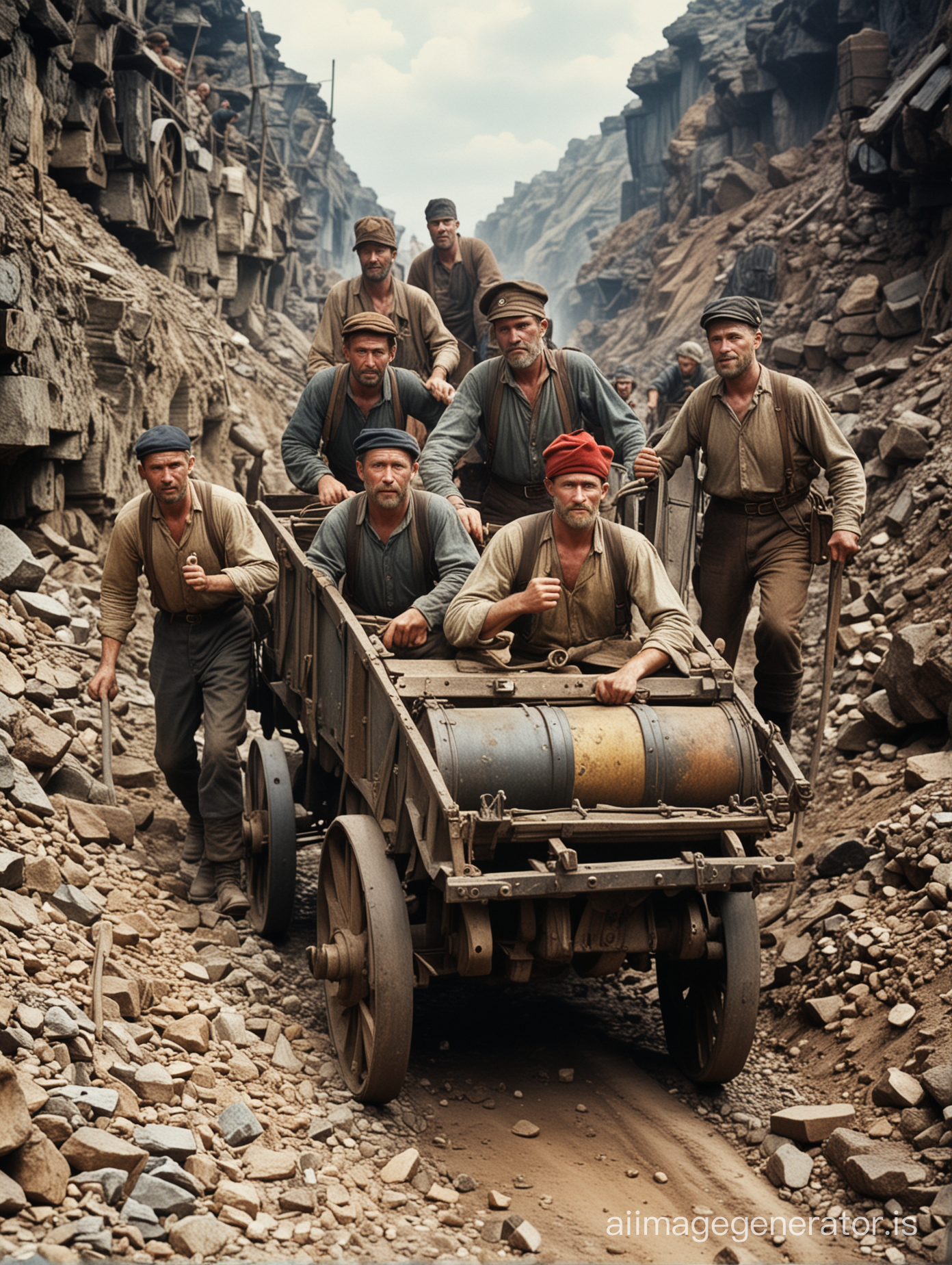 un groupe de 4 mineurs polonais sortant de la mine en poussant un wagonnet de mine en 1850, photo en couleurs
