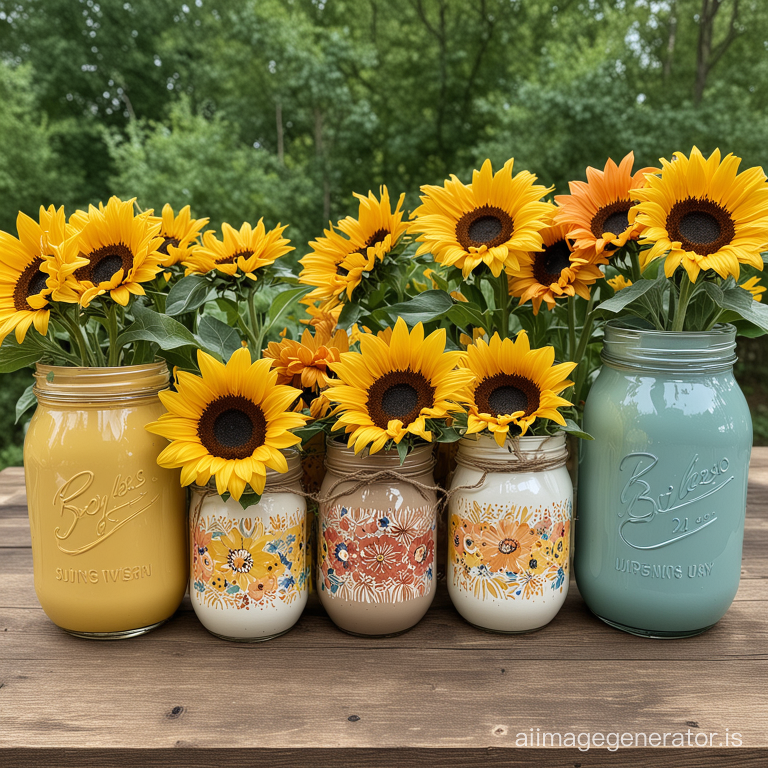 jars painted in boho chic colors filled with sunflowers