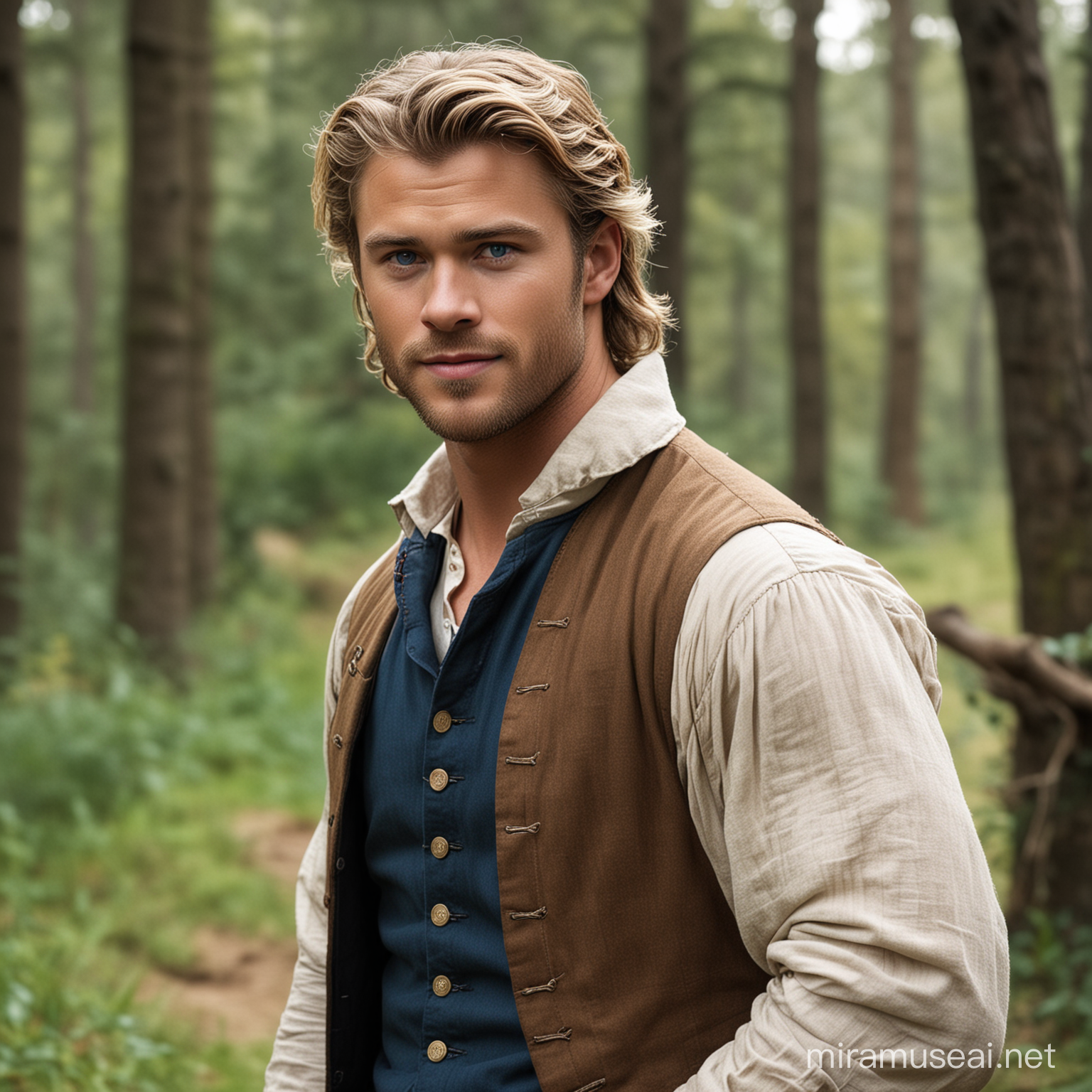Dark blond haired 25 year old man with blue eyes dressed in 1700s clothing in a forest farm background. He's fit and muscular, handsome with a kind smile and looks like Chris Hemsworth