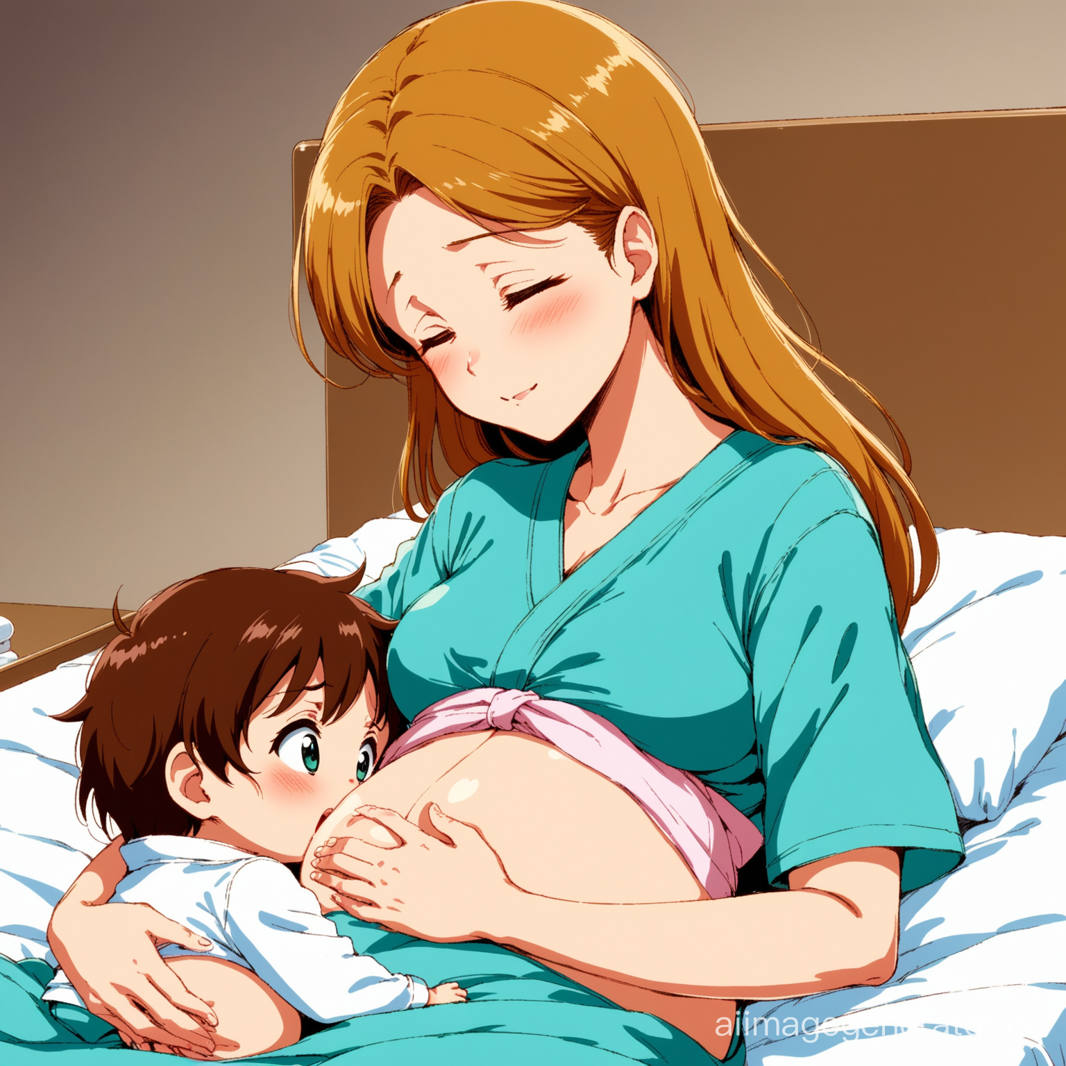 (90's anime) pregnant mother hurts at contractions with little son hugging his mommy's belly in (Midwife bed)