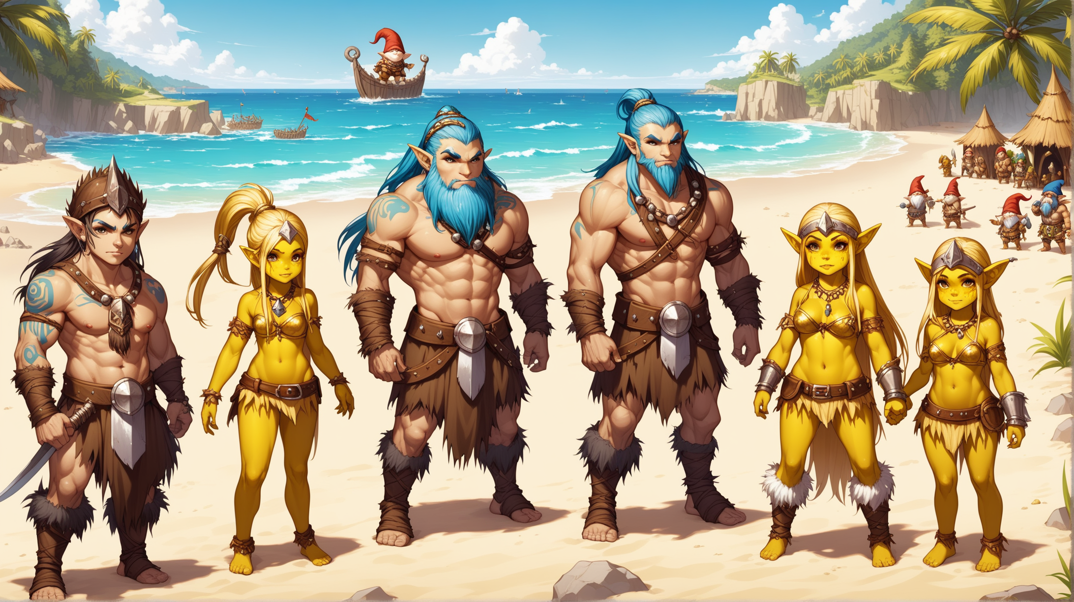 short gold gnomes, boys and pretty girls with full yellow skin, shamans and barbarians, sandy beach, Medieval fantasy