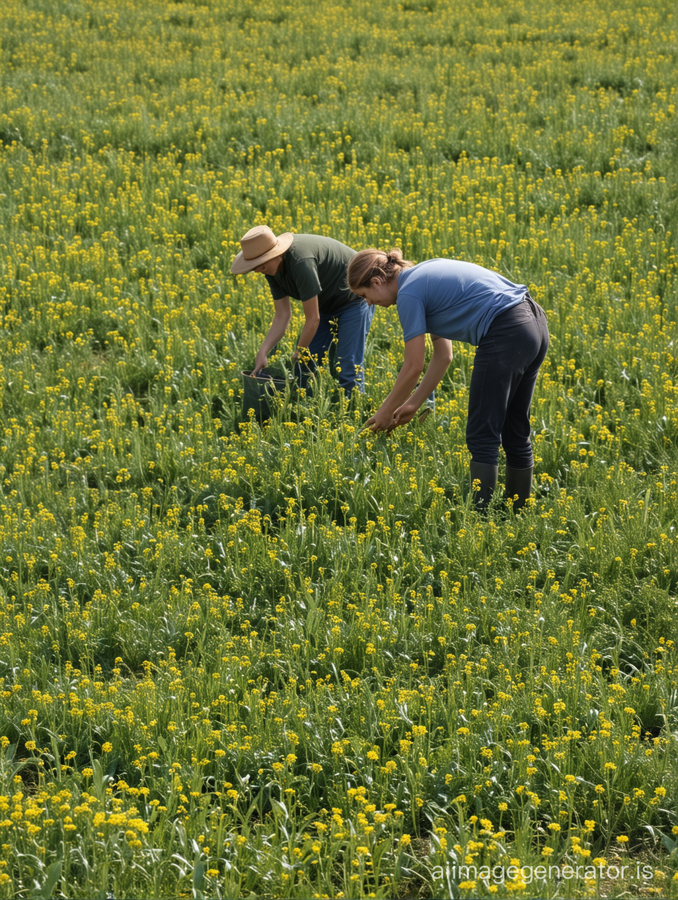 des gens récoltant le pastel (isatis tinctoria) dans un champs