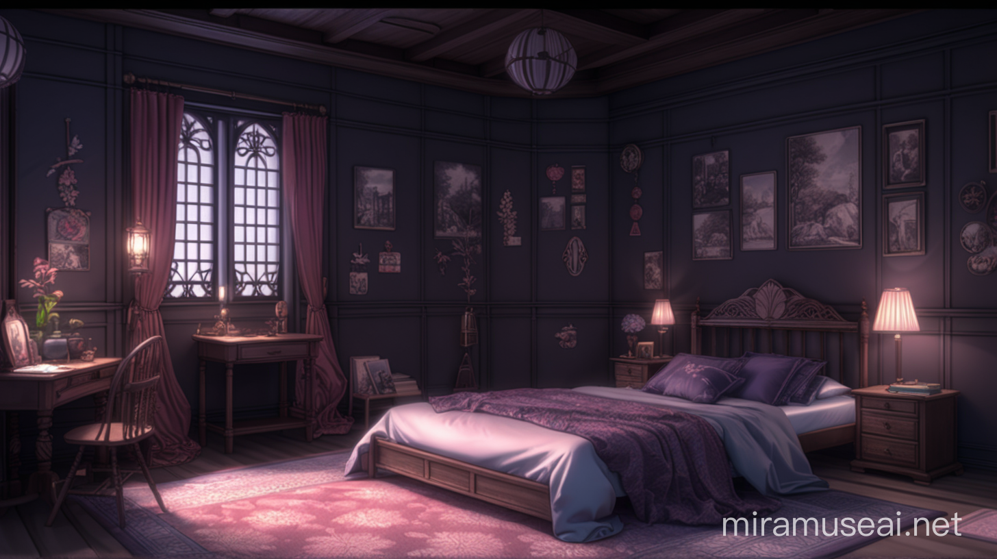 woman's bedroom, fashionable, inspired by senior environment artist, pixiv, dark gothic colors, detailed wide shot, Kyoto Animation Studio anime style 4 k, serene illustration --ar 16:9 --niji