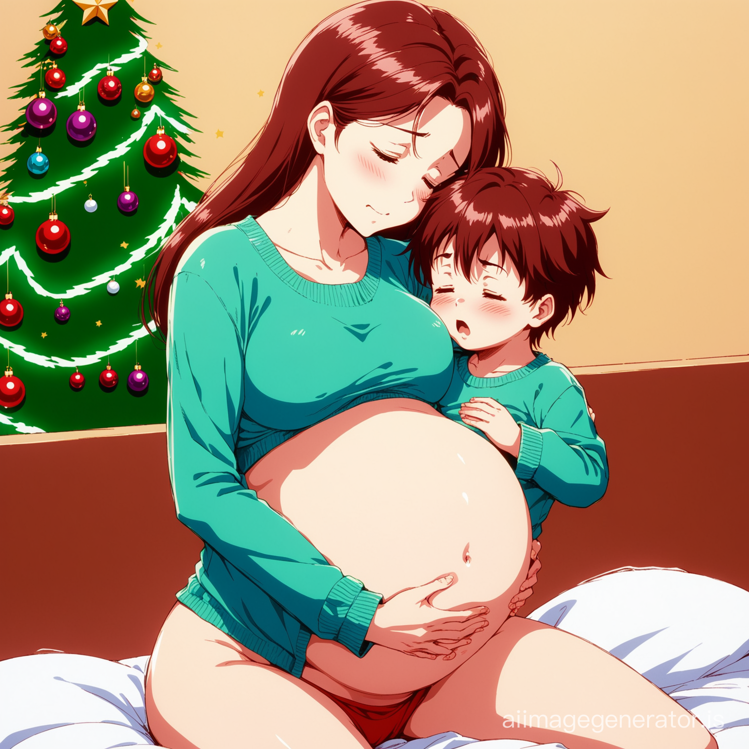 (90's anime) pregnant mother hurts at contractions with little son hugging his mommy's abdomen in (christmas)