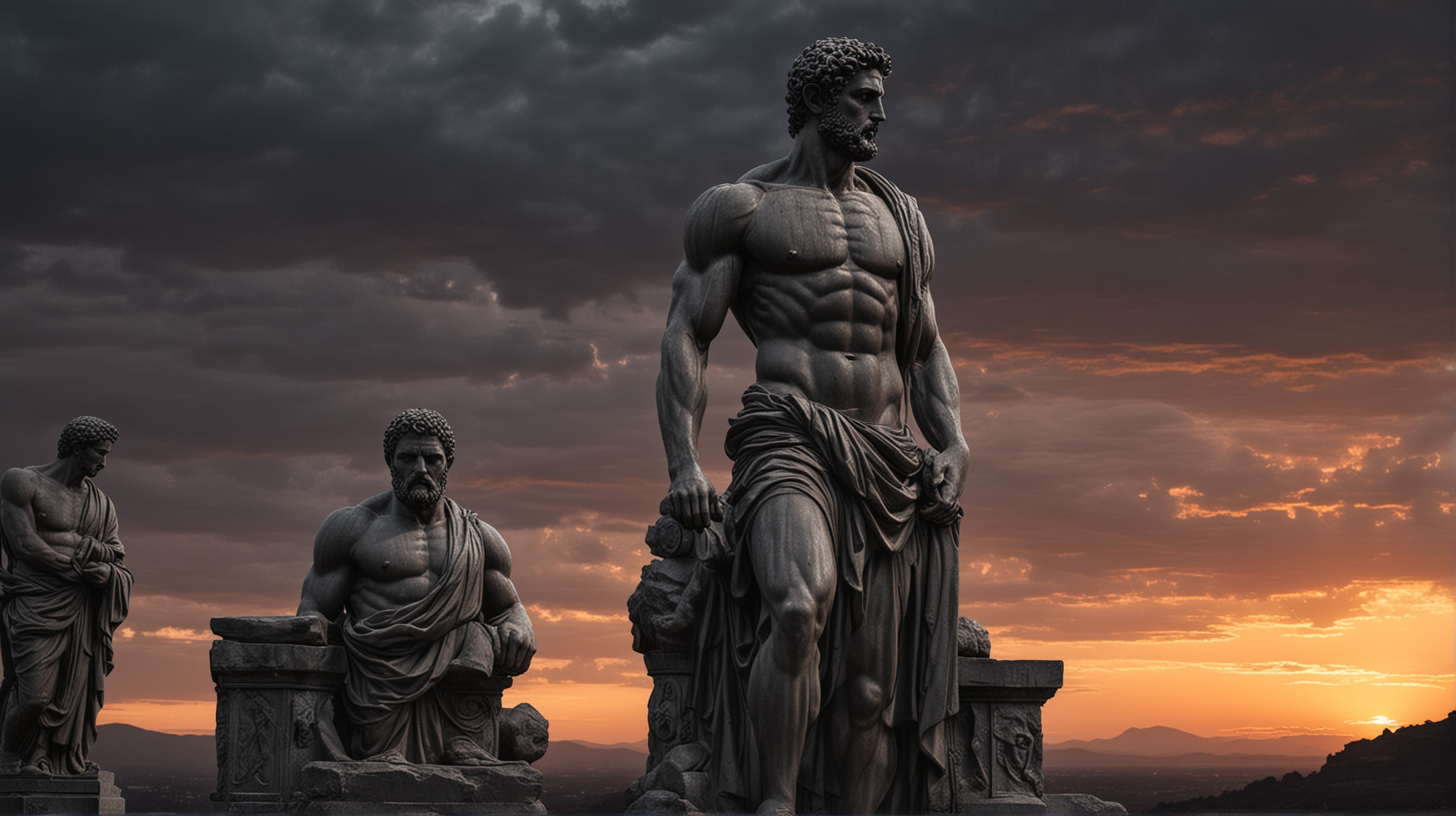 Stoicism, Motivation, stoic muscular statues outside , dark sunset, stoic background horizontal.