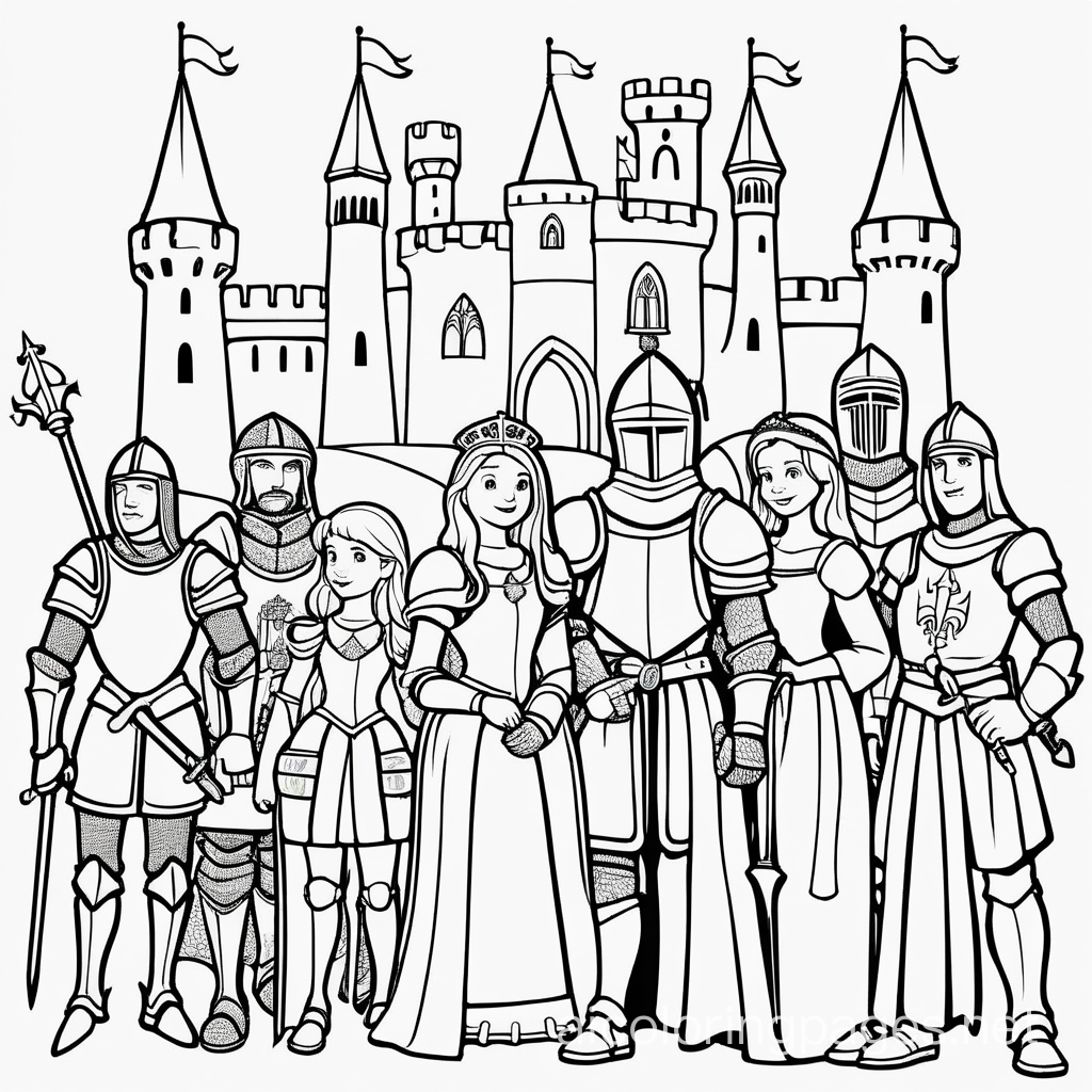 medieval knights with knights and princesses , Coloring Page, black and white, line art, white background, Simplicity, Ample White Space. The background of the coloring page is plain white to make it easy for young children to color within the lines. The outlines of all the subjects are easy to distinguish, making it simple for kids to color without too much difficulty