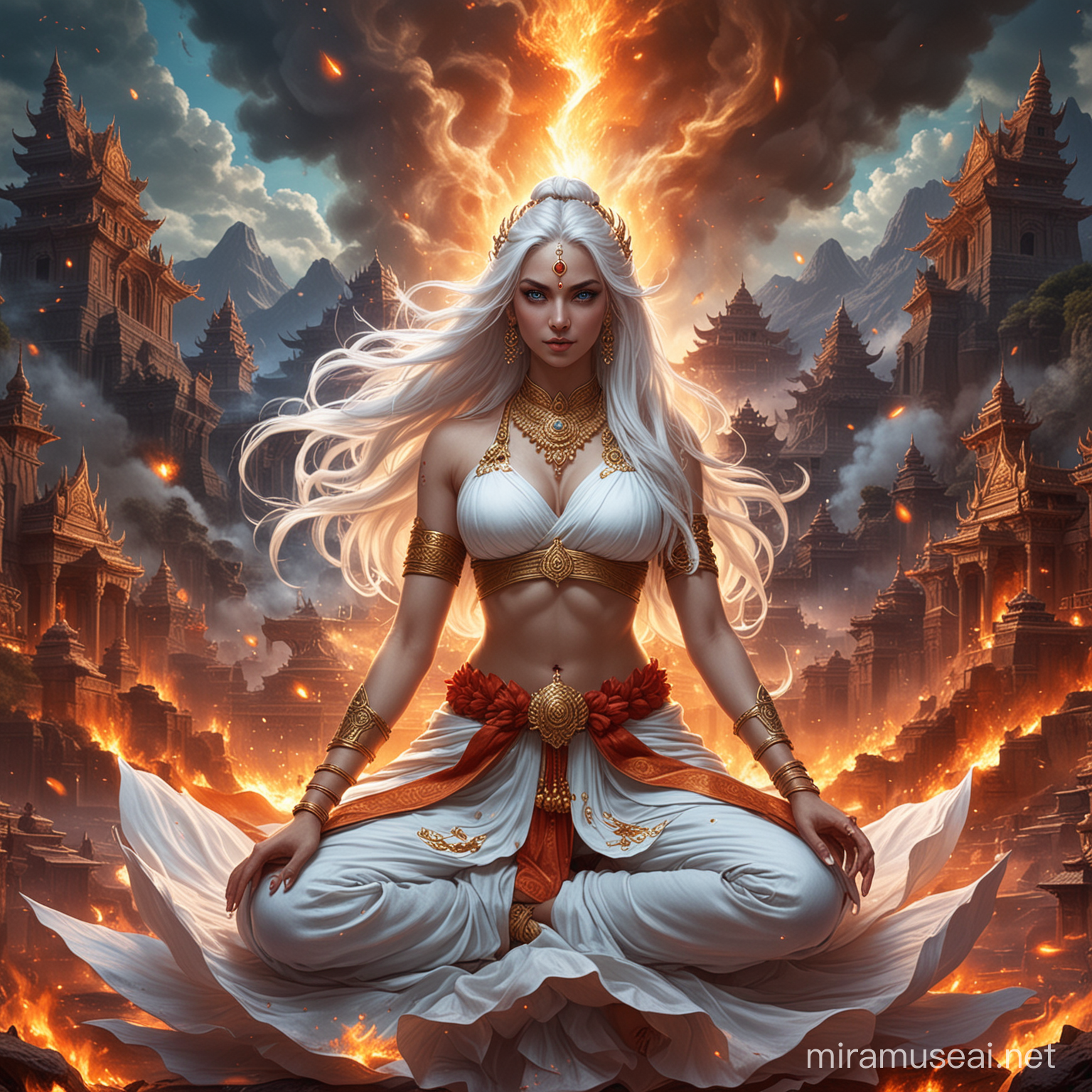Divine Hindu Empress in Lotus Combat Amidst Fiery Demonic Goddesses