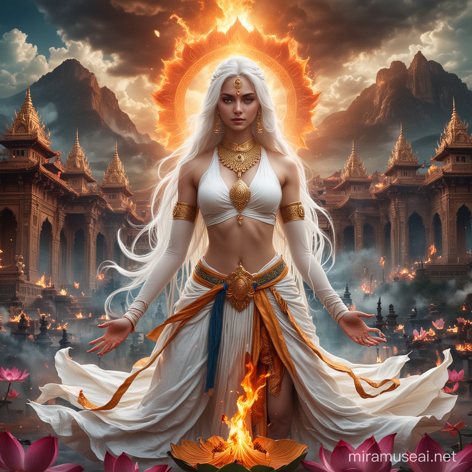Divine Empress Kayashiel in Fiery Combat amidst Demonic Hindu Goddesses