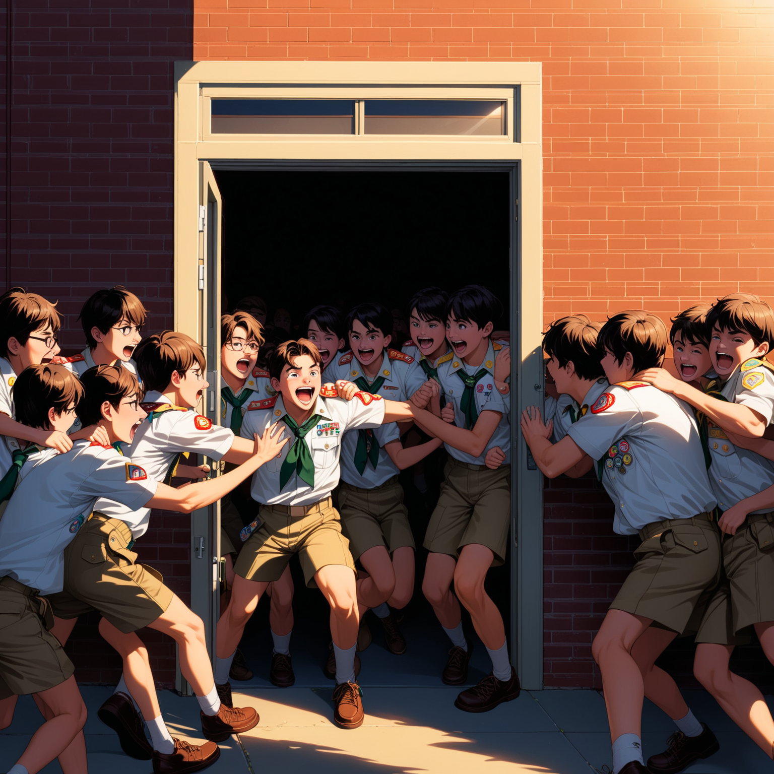 a doorway of a brick high school in Seattle at sunset. A shadowy chaotic crowd of high school freshman boys wearing boy scout uniforms are rushing the door and wrestling to get a view out side the door. The boys have laughing looks on their faces