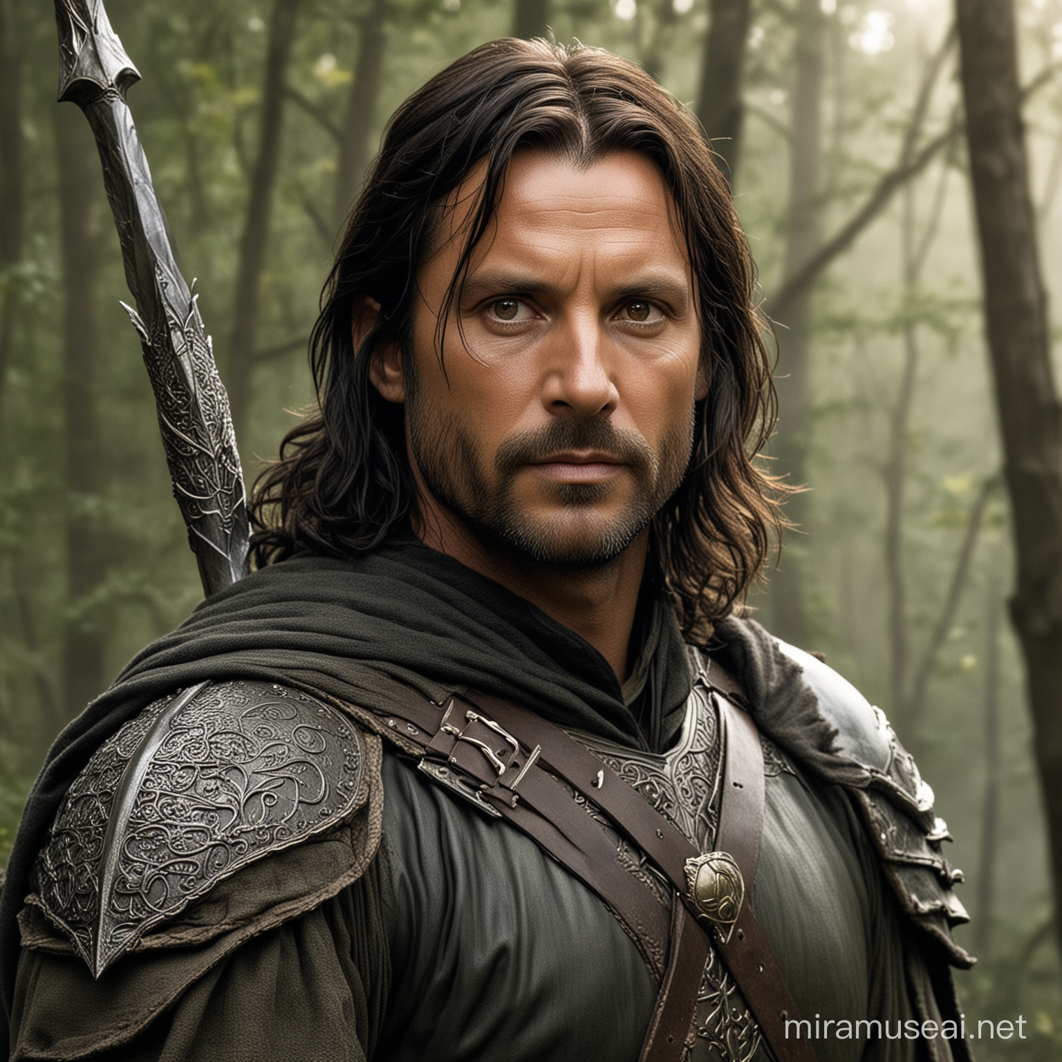 40 year old man with dark hair and brown eyes who looks like Aragorn, tall and noble in a forested background. He is a warrior, but also a king. He holds a spear.