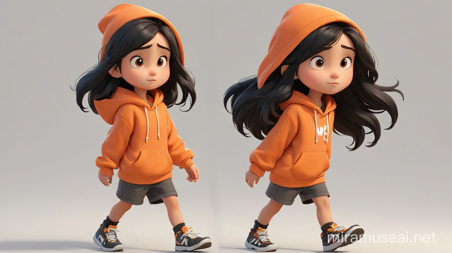 Adorable Little Girl Walking in Orange Hoodie Pixar Style Character Art