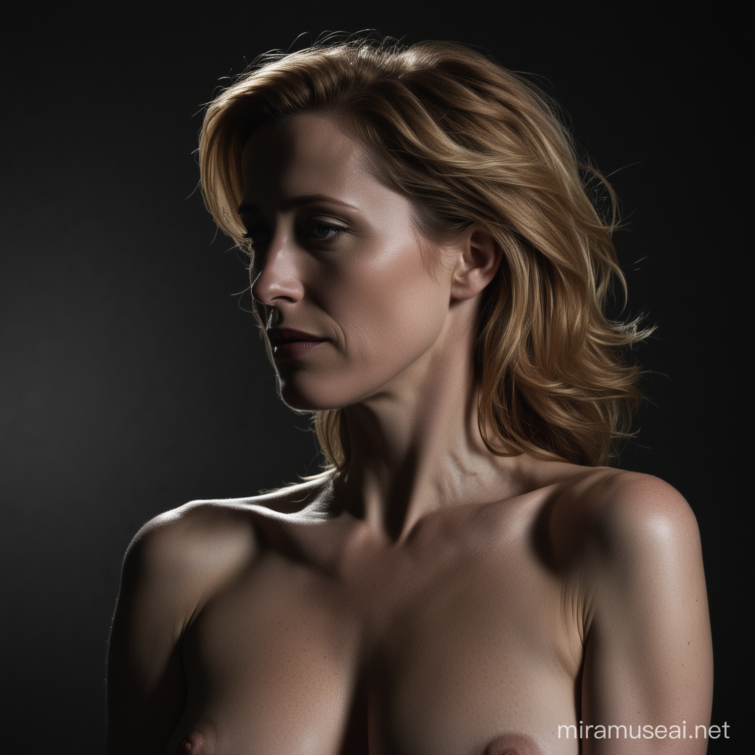A captivating minimalist photograph of Gillian Anderson's topless silhouette, with her striking gaze lost in the vast distance. Her elegant profile is accentuated by the dark background, creating a stark contrast between her features and the surrounding darkness. 