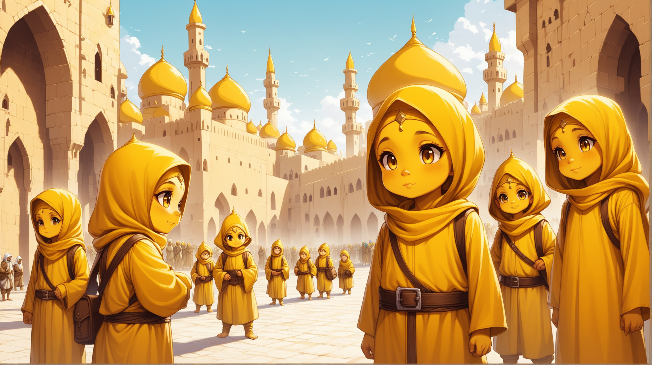 Medieval Fantasy Scene Young Gnome Boys and Girls in Arabic City