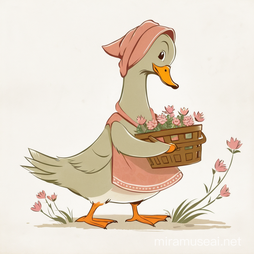 Vintage Drawing of a Duck with a Headscarf Holding a Basket of Flowers