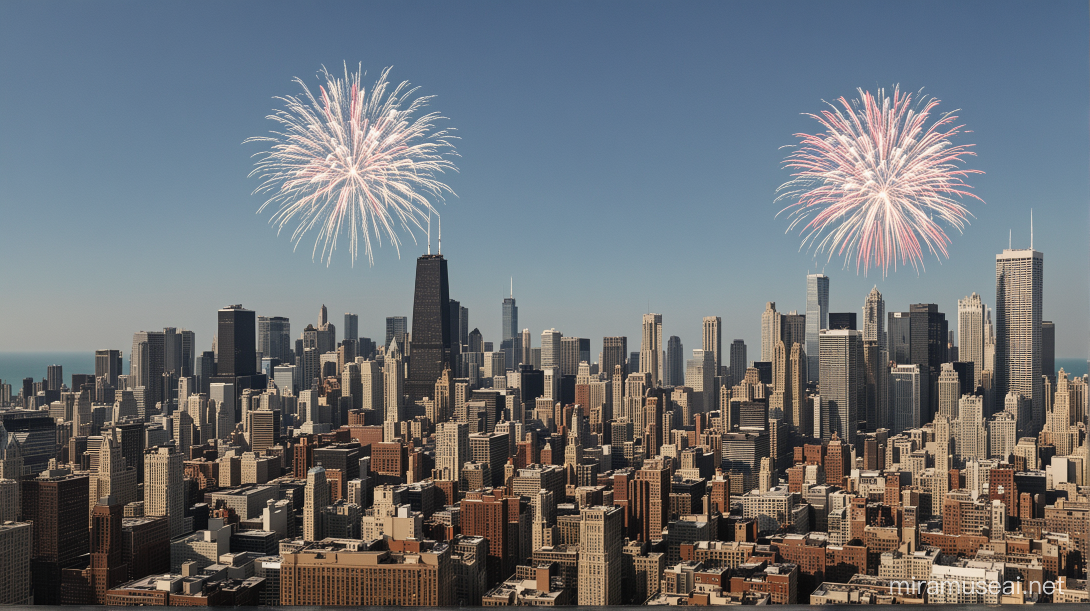 during the day, blue sky, chicago skyline, rooftop view, 4th of July, american flag, fireworks