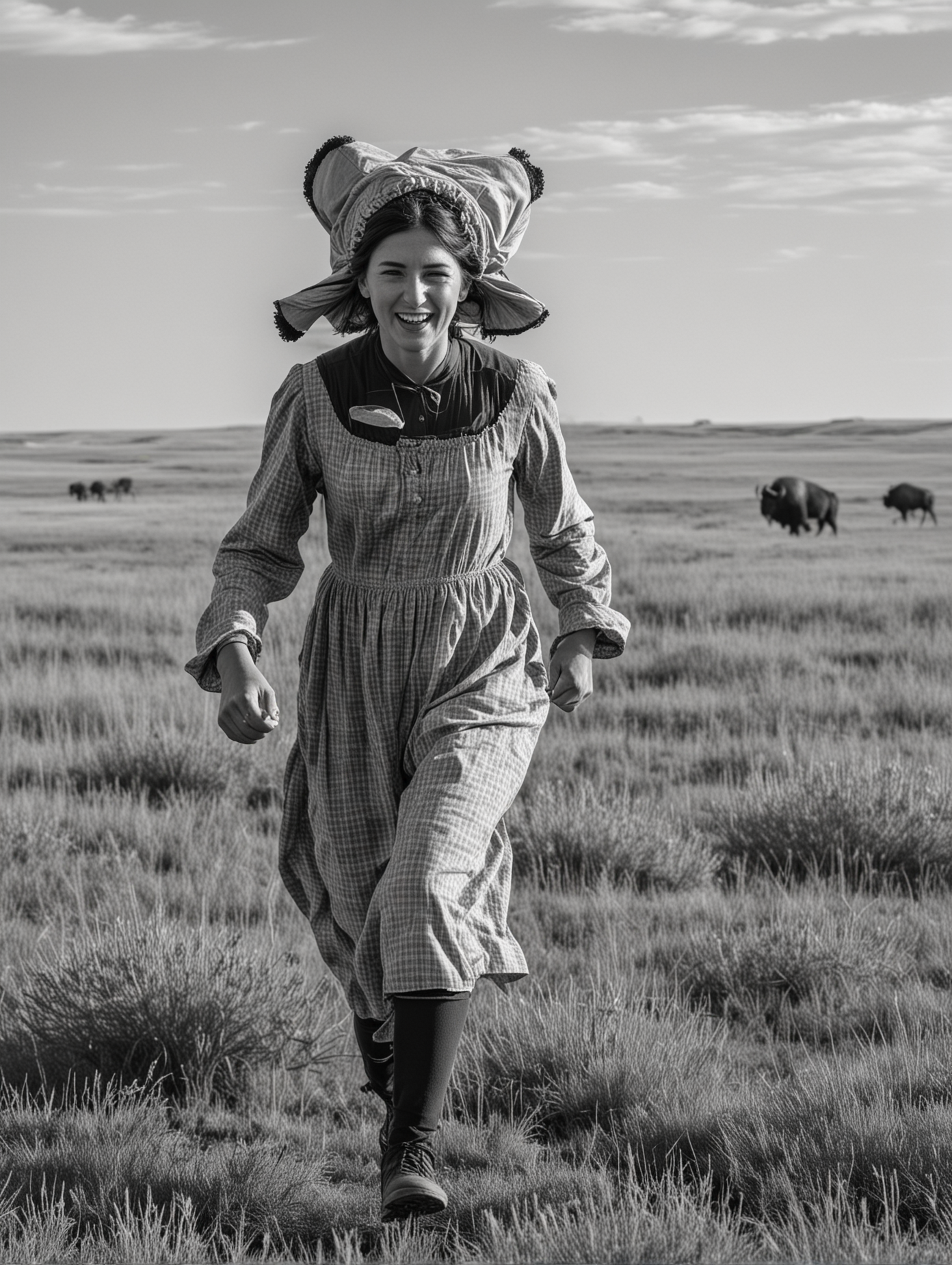 Prairie Pioneer Woman Running Amidst Buffalo Herd in Monochrome