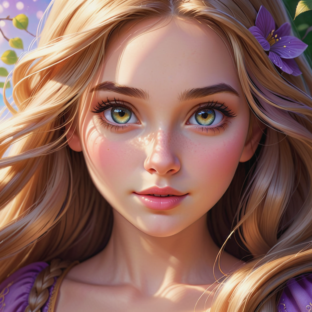 Rapunzel as and Adult, beautiful detailed eyes, beautiful detailed lips, extremely detailed face, long eyelashes, soft and glowing skin, flowing hair, serene expression, gentle smile, vibrant colors, realistic lighting, fine brush strokes, black line art, intricate details, high-resolution, lifelike textures, stunning background, ethereal atmosphere.