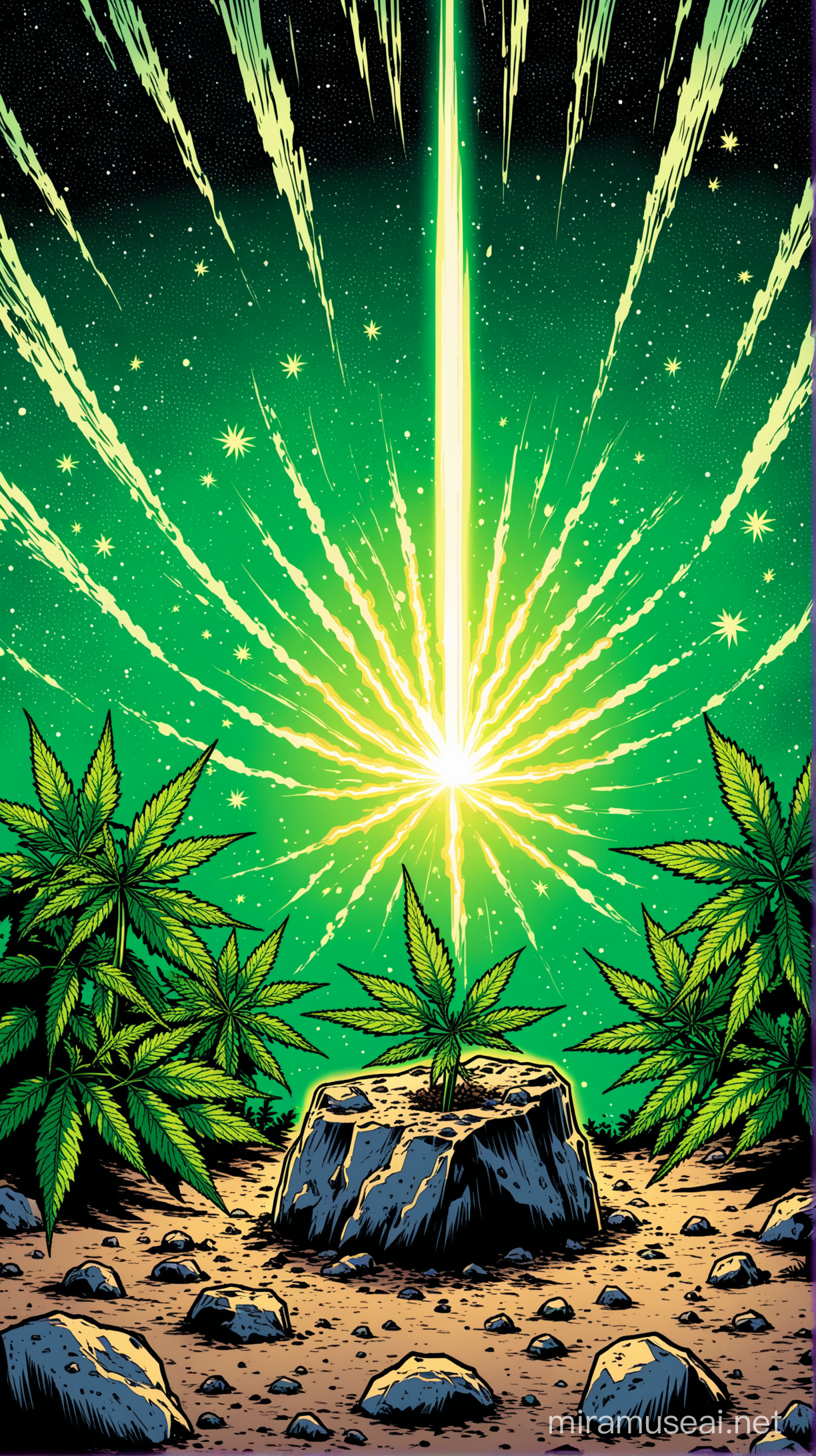 A small meteor rock has fallen onto a marijuana patch on the ground it has effected the marijuana plants making the roots of the plant batch is illuminated with cosmic energy comic book style art 