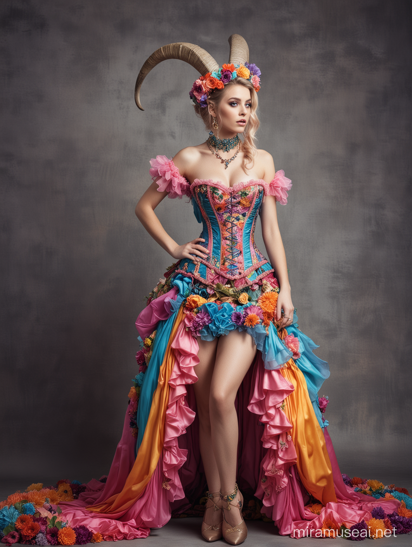 Enchanting HalfHuman HalfGoat Woman in Vibrant Corset Dress with Ram Horns and Floral Adornments