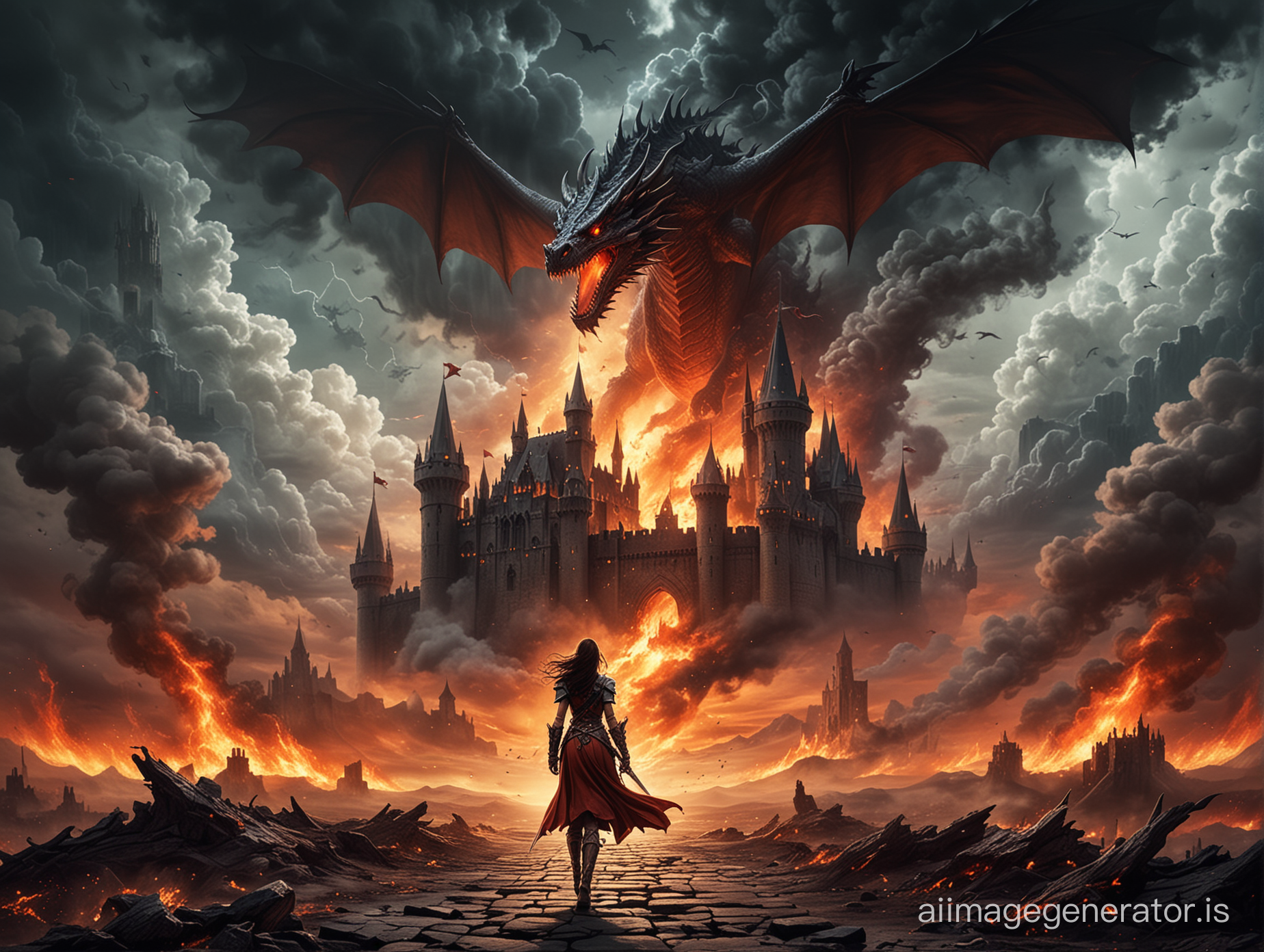 Warrior woman walking away from a burning castlevania inspired castle storm clouds and a dragon
