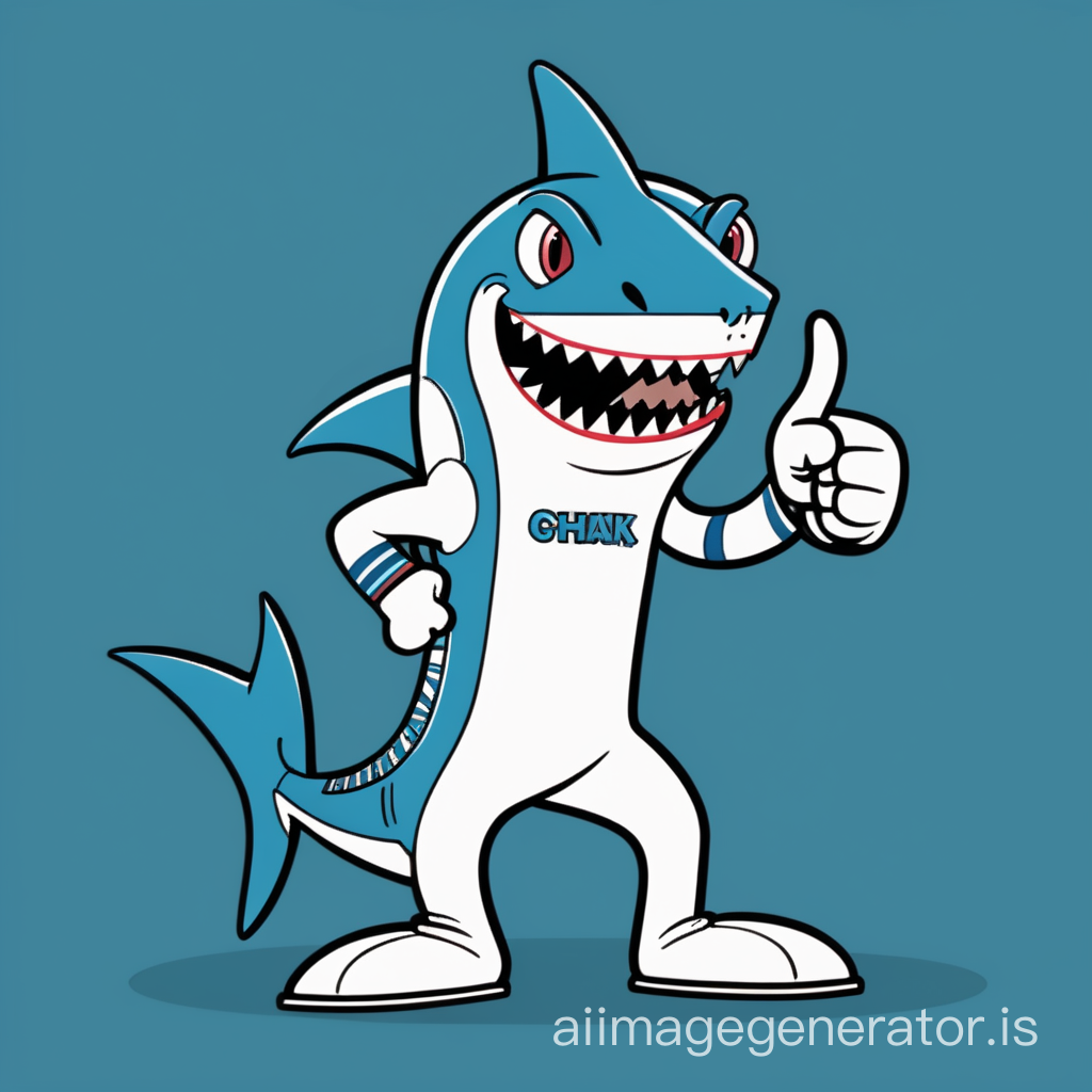 A cartoon cricket wearing shark costume giving a thumbs up standing in front of a pinstripe background