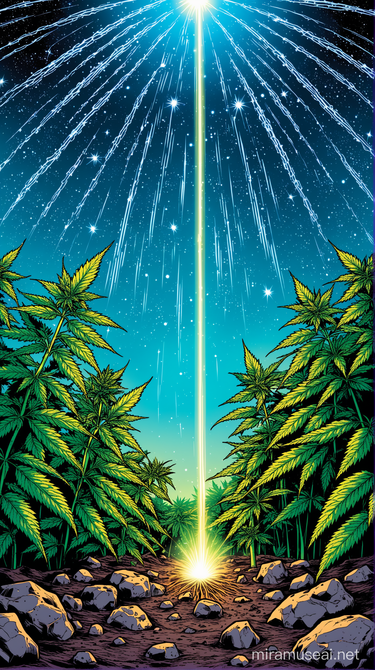 Clear blue sky with faintly shower of small meteor rock has fallen onto a marijuana patch on the ground it has effected the marijuana plants making the roots and veins  of the plant batch is illuminated with cosmic energy comic book style art 