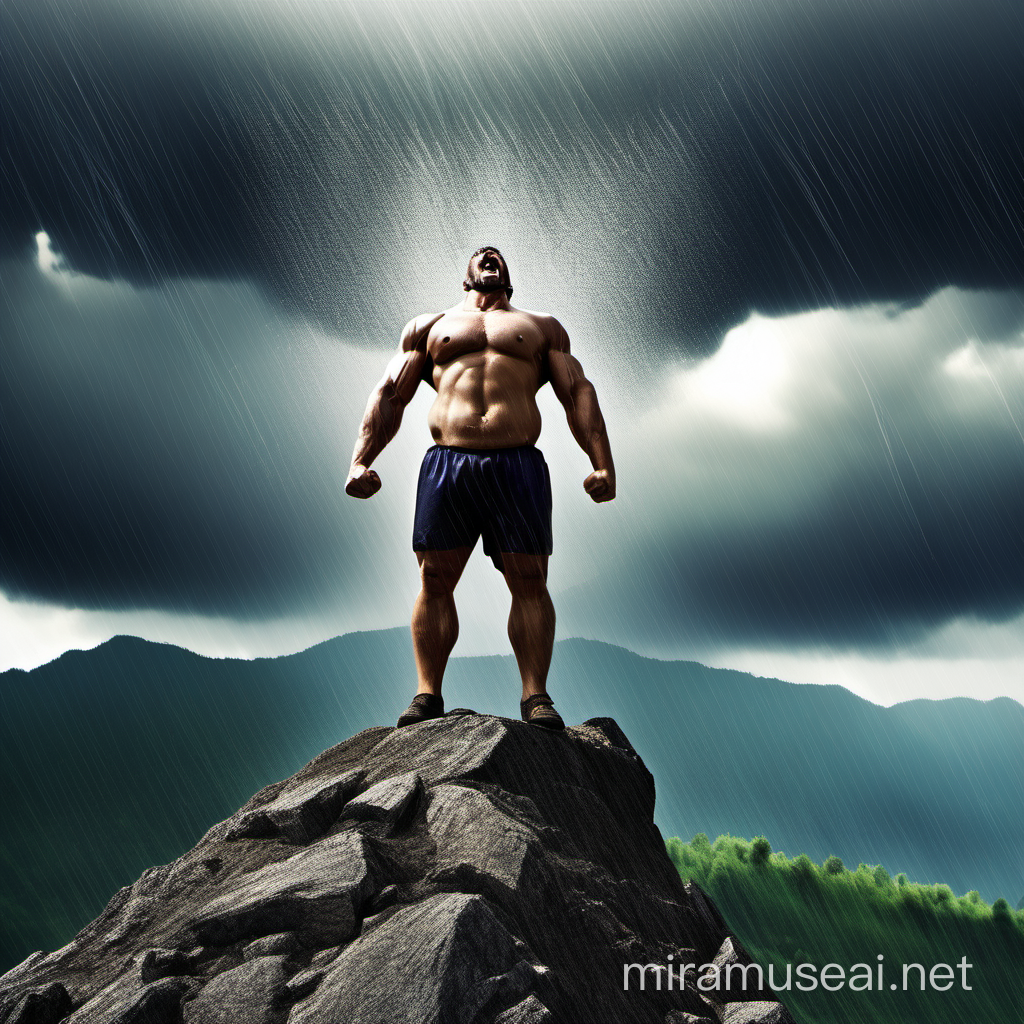 strong man his hight is 2 meters and his weight is 100 kilo standing on mountain and shouting the sky is raining 