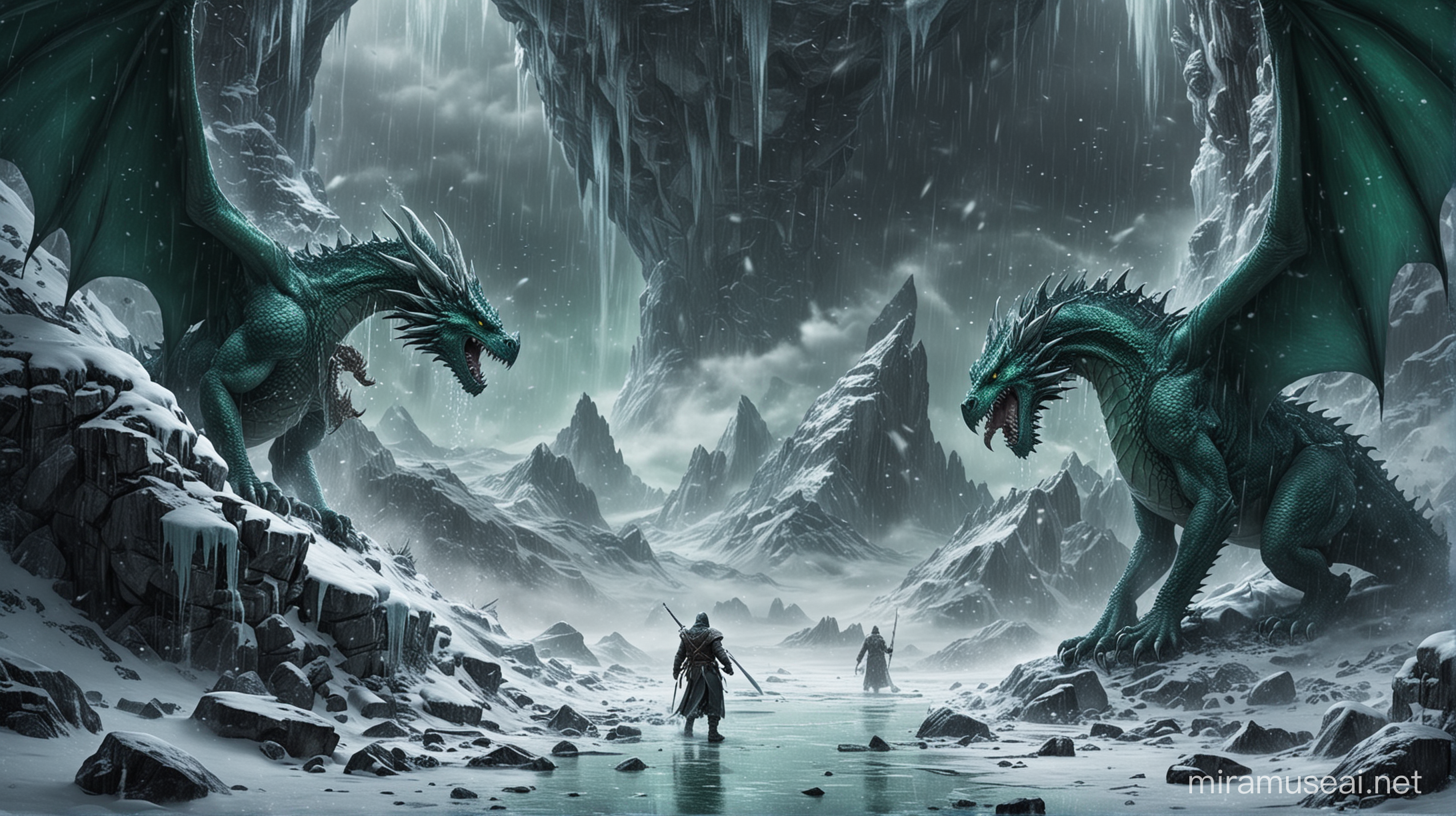 un dragón está decapitando a otro de un mordisco al frente de una montaña congelada con una entrada espeluznante. La víctima es de color verde oscuro, y el atacante de color azul  celeste con blanco. Cae una lluvia de nieve 