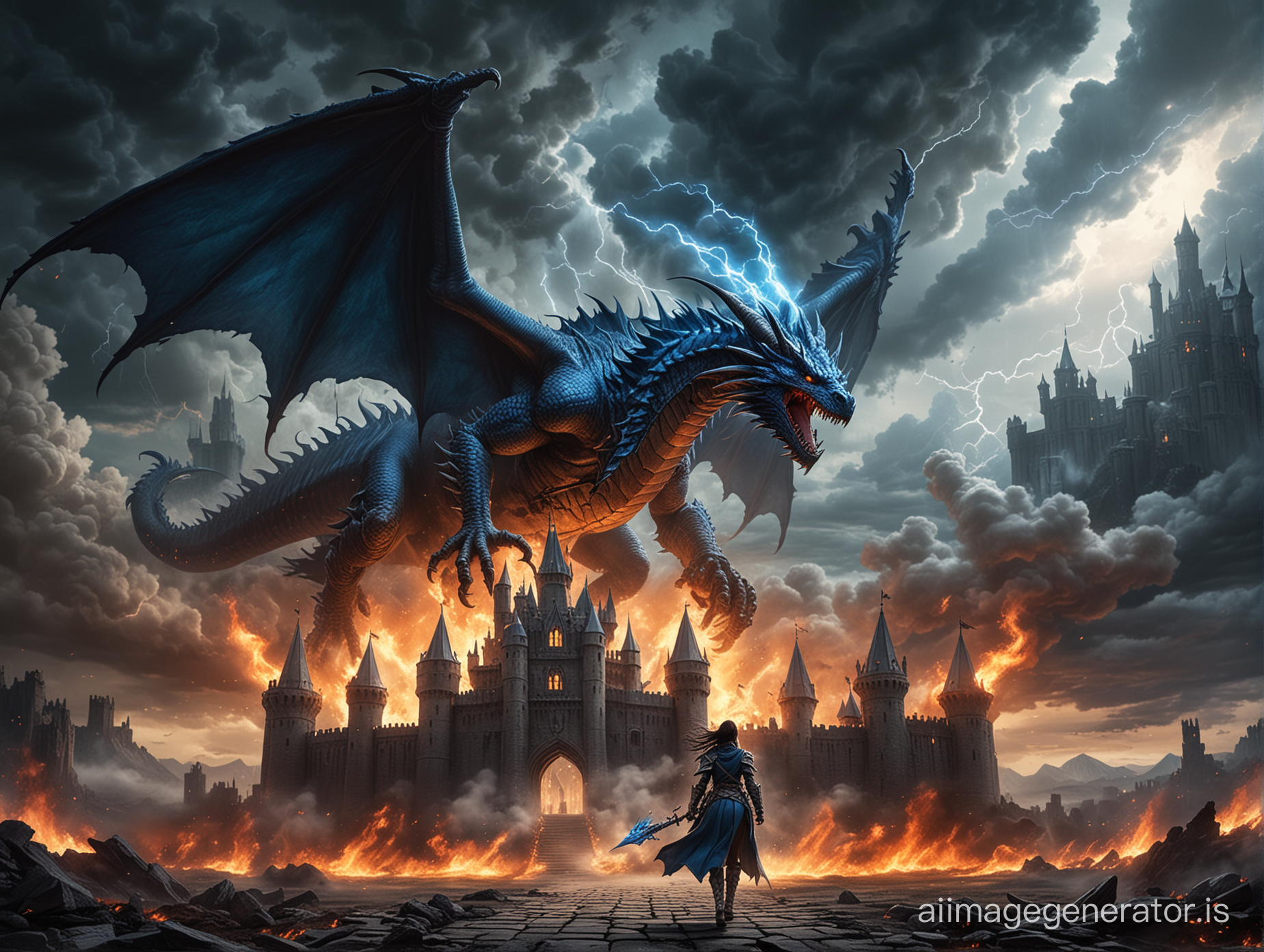 Warrior woman walking away from a burning castlevania inspired castle storm clouds and an armored winged blue dragon breathing lightning perched on castle

