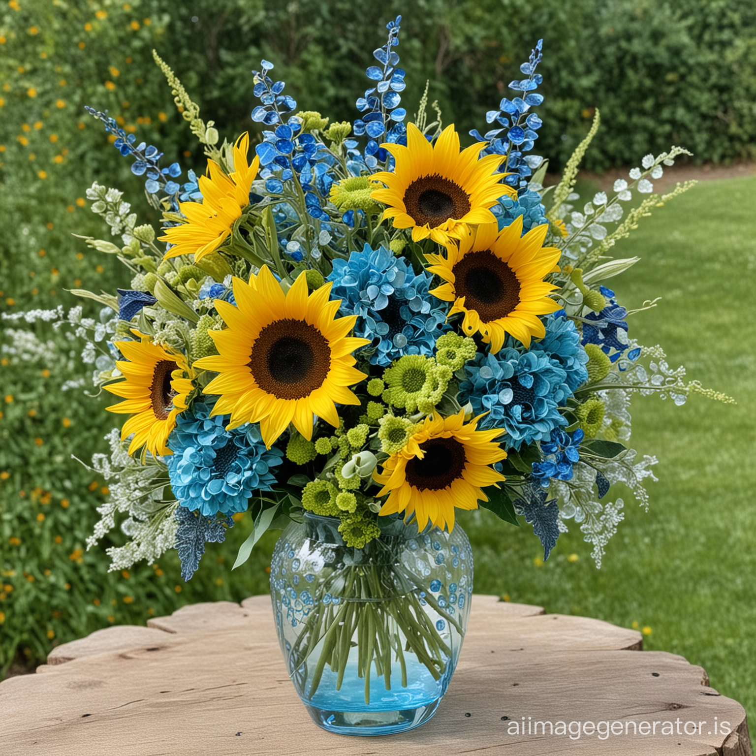 a clear glass vase with glass gems in sea colors like blues and greens, and a bouquet of sunflowers with sea blue accent flowers mixed in