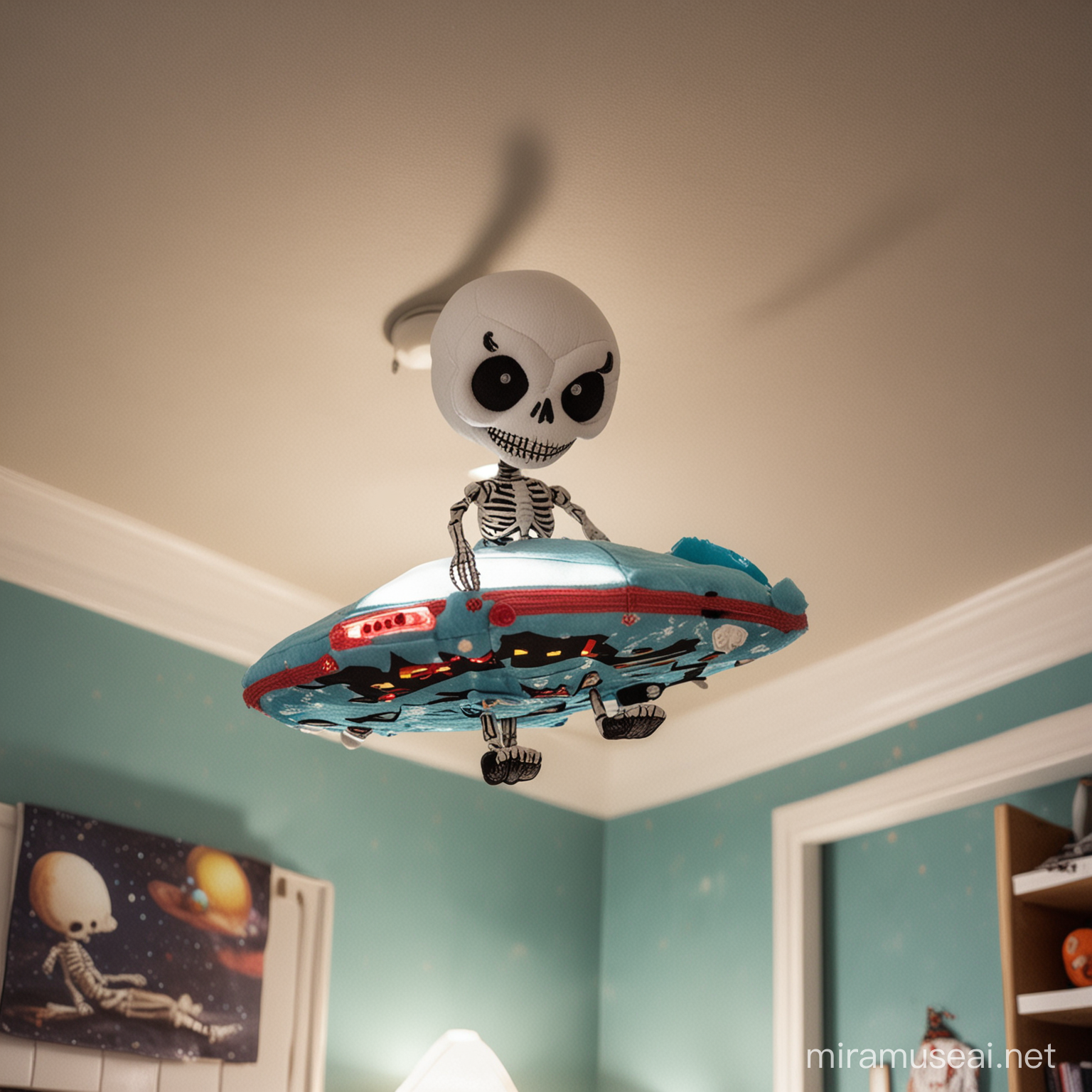 A plush toy of a skeleton flying a ufo in a boys room 