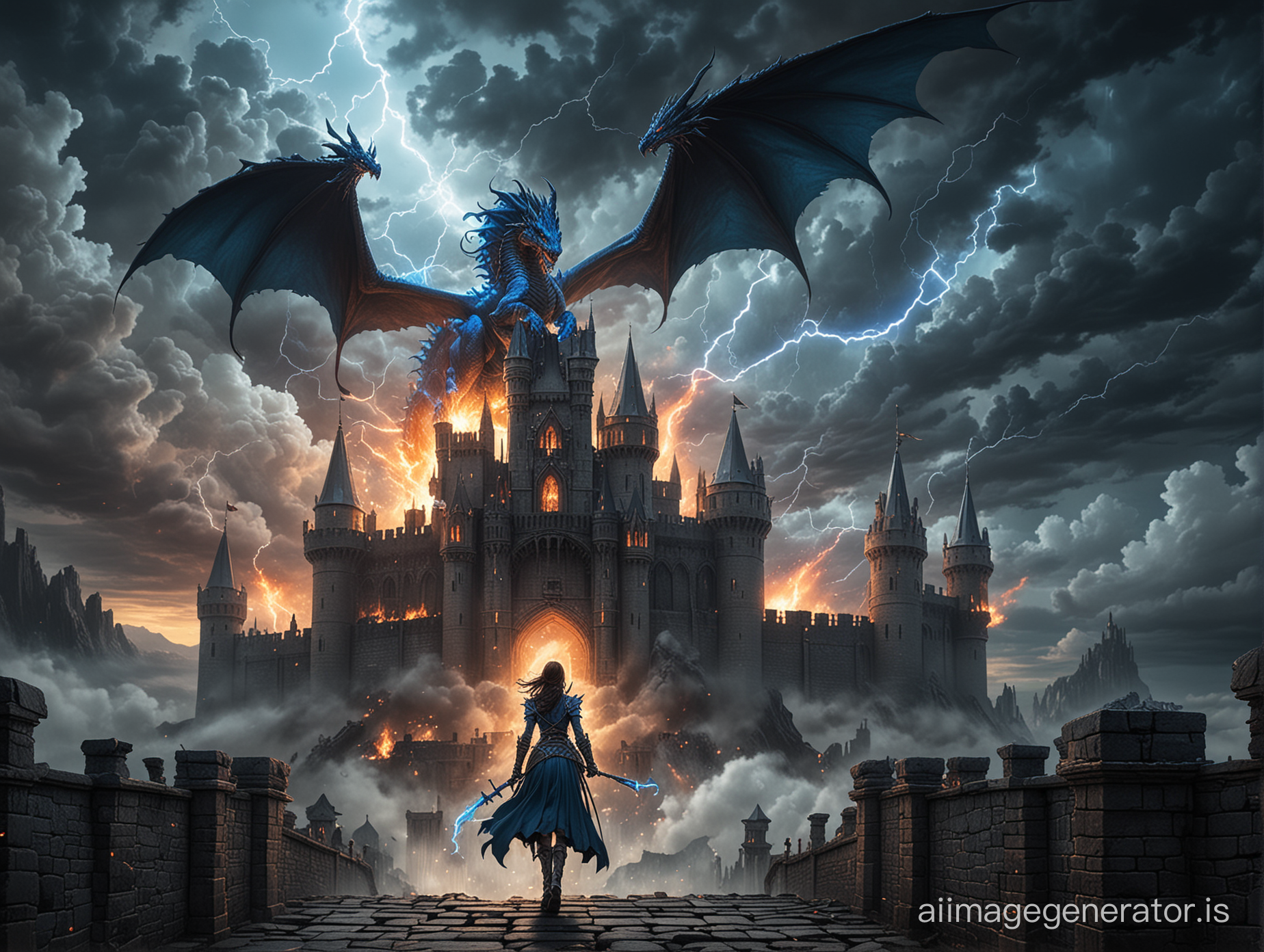 warrior woman walking away from a burning castlevania inspired castle with storm clouds and a winged blue dragon perched on parapet breathing lightning