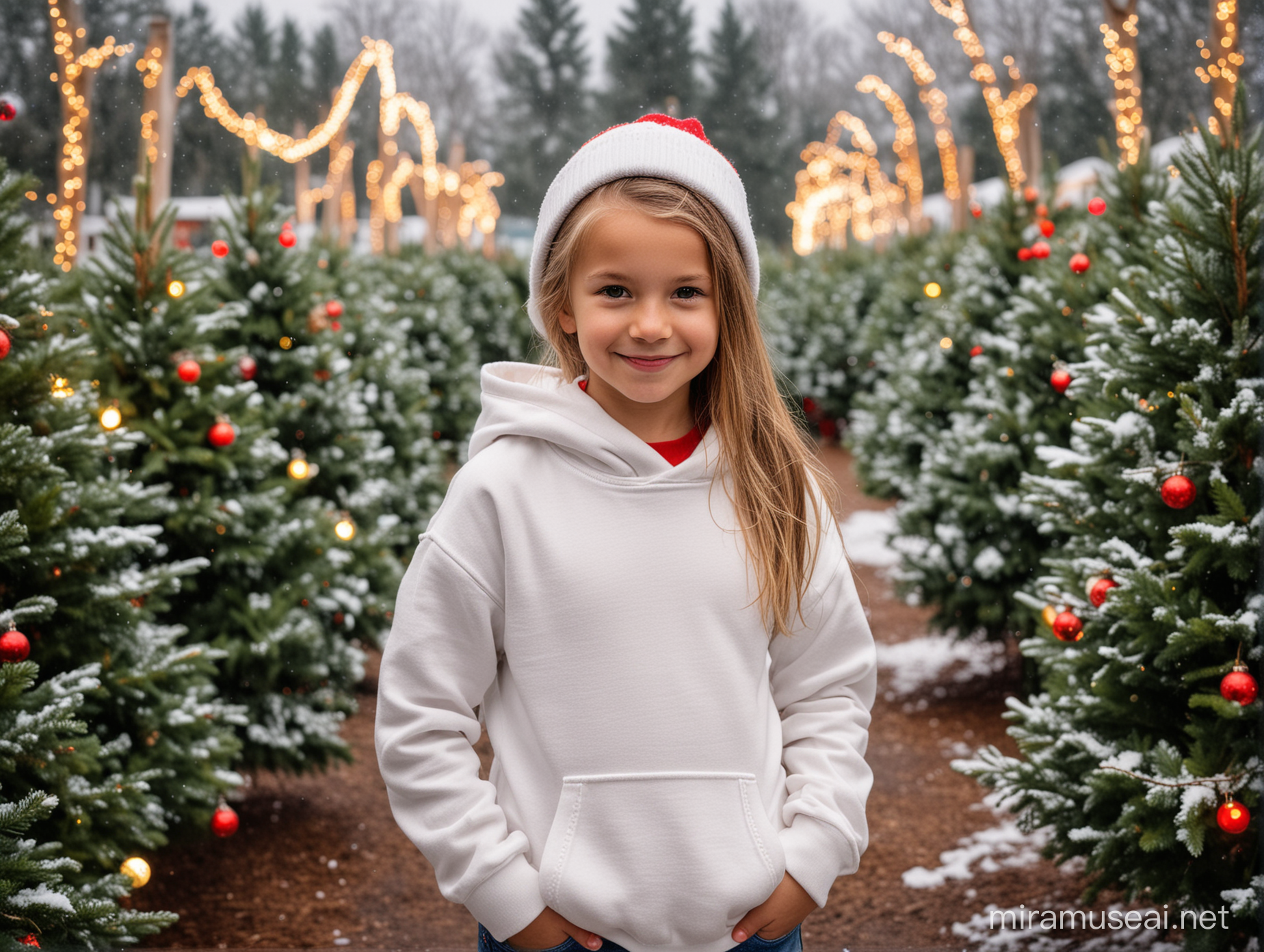Adorable Girl in White Hoodie and Red Beanie at Snowy Christmas Tree Farm