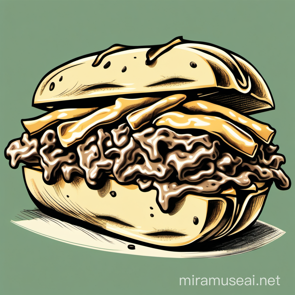 a cheesesteak in a retro style, hand drawn look to it