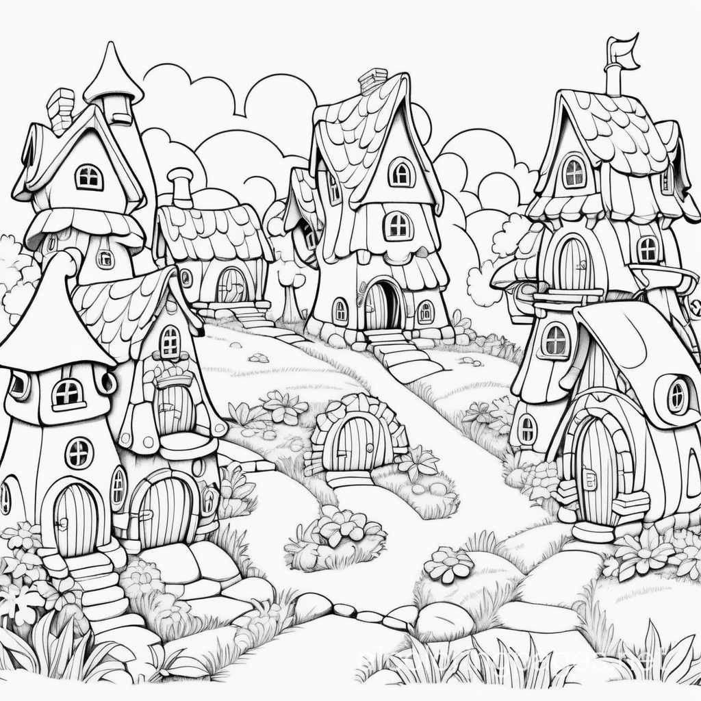 fairy village, Coloring Page, black and white, line art, white background, Simplicity, Ample White Space. The background of the coloring page is plain white to make it easy for young children to color within the lines. The outlines of all the subjects are easy to distinguish, making it simple for kids to color without too much difficulty