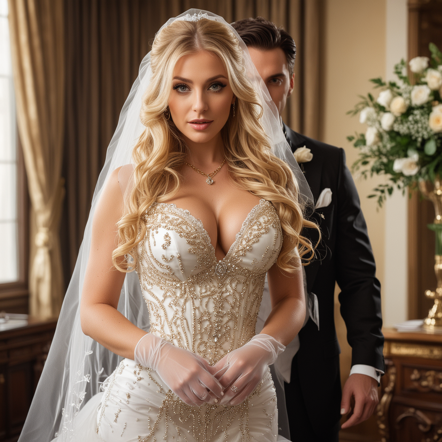 full-body Photo wedding ceremony, decorated with spirals ,  beautiful busty female gold digger wedding dress, gloves, veil detailed hypnotic eyes, spiral necklace, big diamond rings, long flowing blonde hair,  Contract in hand, leans over handsome male, ceo in 30s groom, with feeding tube, in tux, hypnotized, sultry, seductive.  Realistic