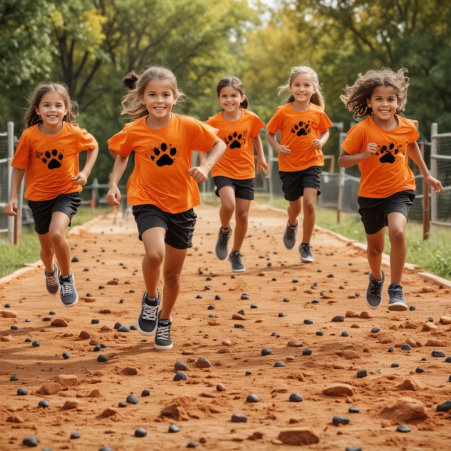 create a realistic image of   a group of 
children ages 4-6 wearing orange shirt with black paw print, black shorts and sneakers running on a colorful obstacle course with beautiful outdoor background