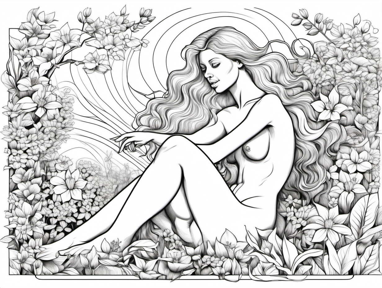 line art, Spring theme with a naked woman, for coloring