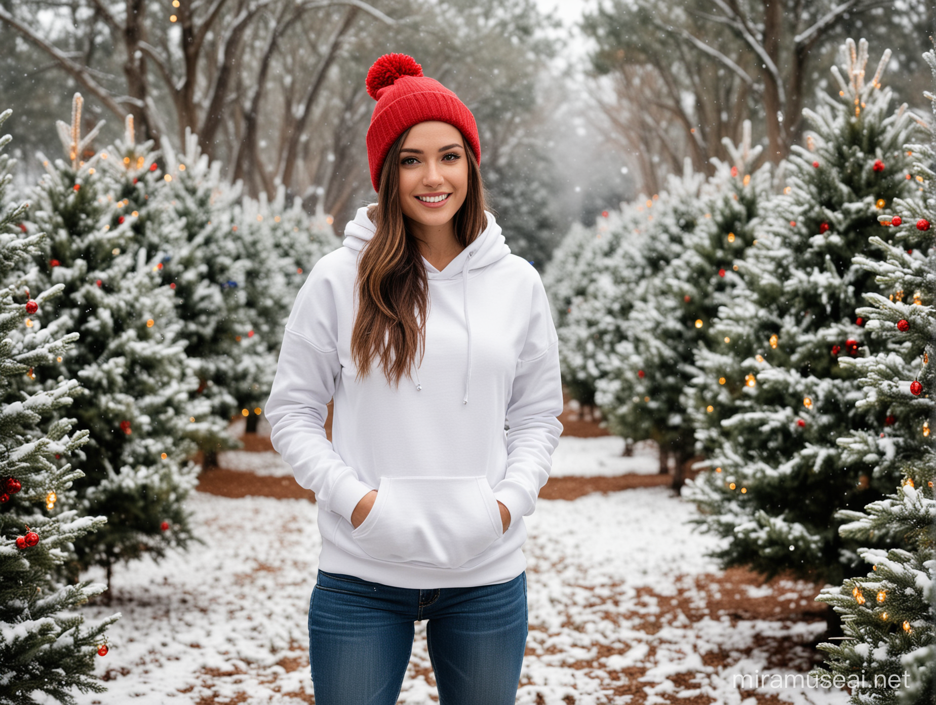 Stylish Woman in White Hoodie and Beanie at Snowy Christmas Tree Farm