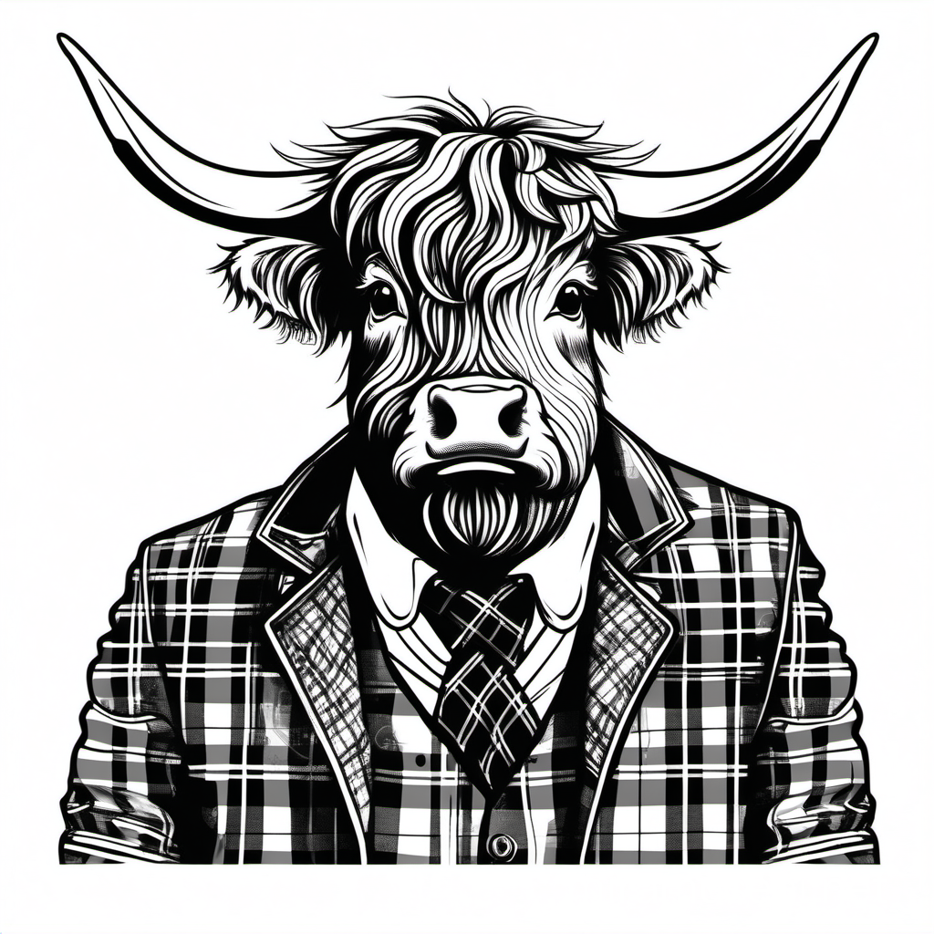 Highland Cow Head on Kilted Mans Body Unique Line Art Illustration