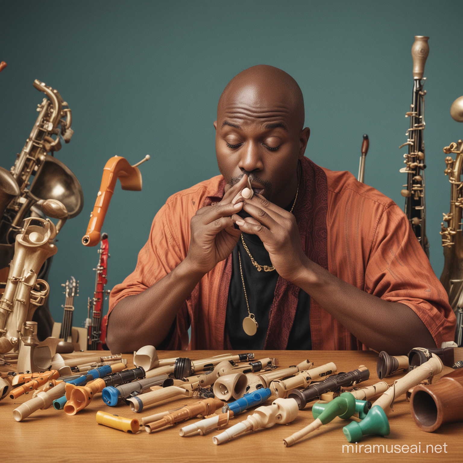 A bald black man playing a kazoo with many other instruments in the background
