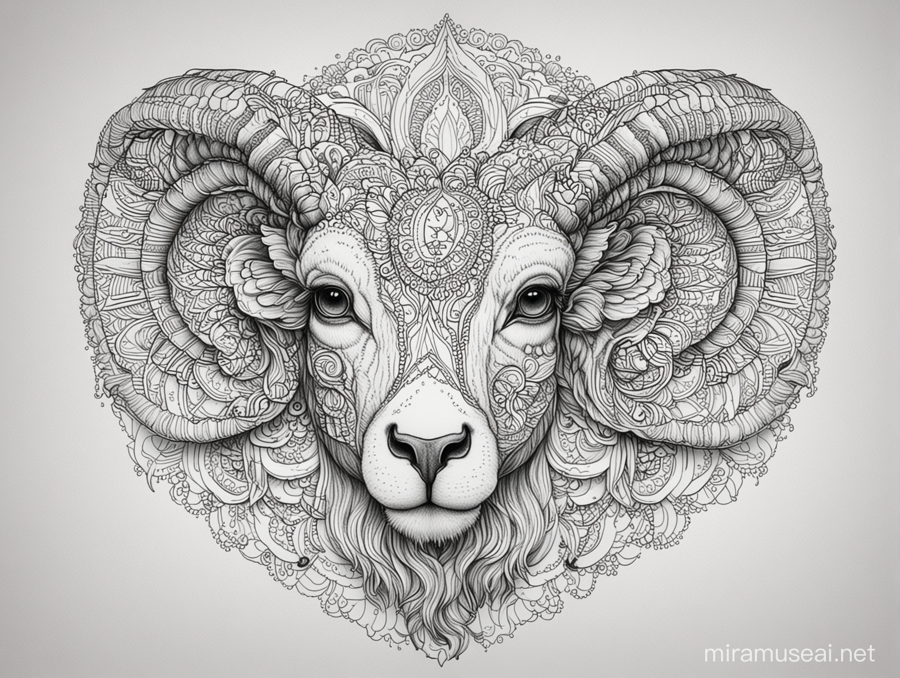 Coloring page for adults, mandala, Ram head line art, white background, clean line art, fine line art