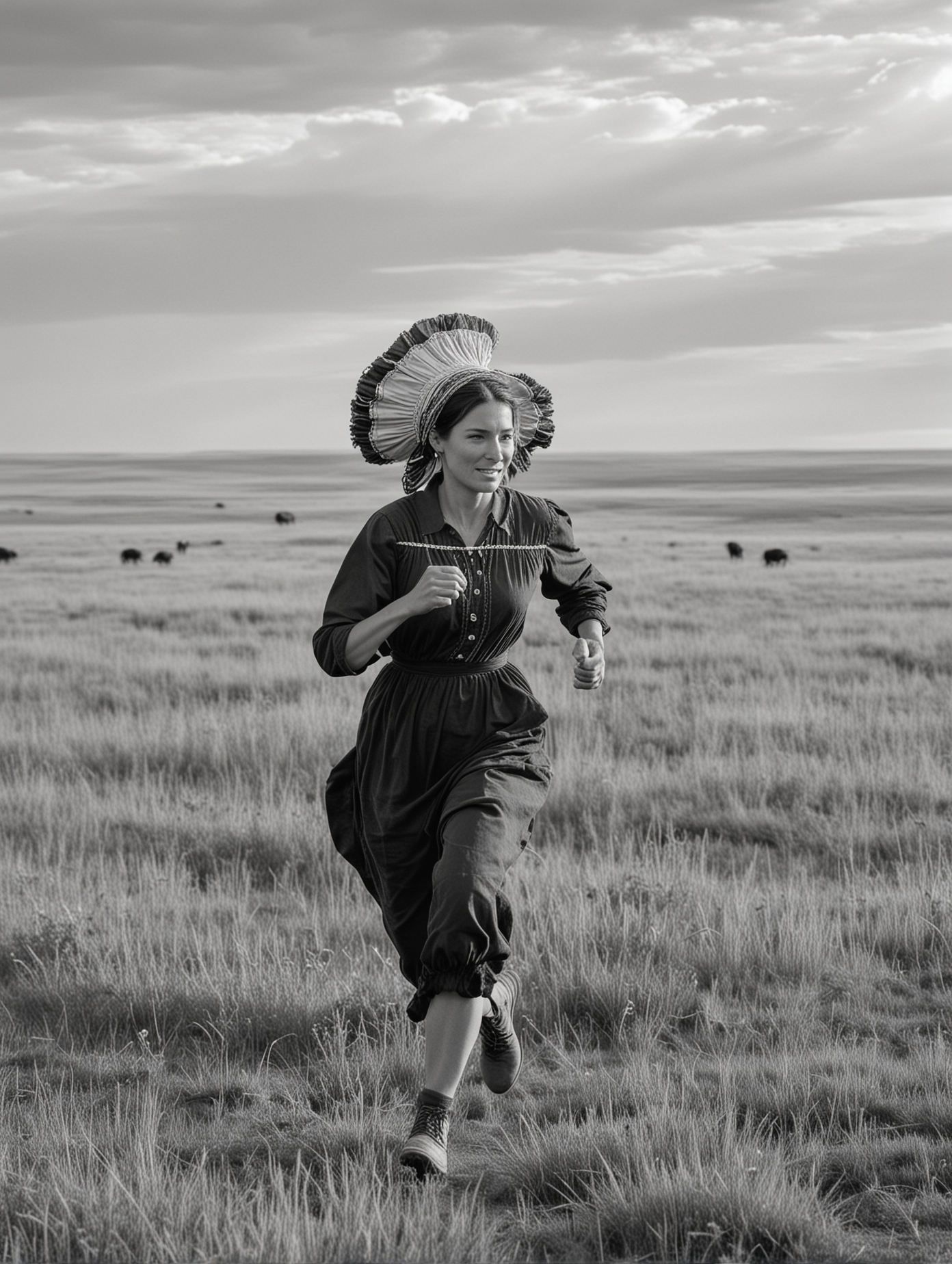 Pioneer Woman Running on the Prairie Amidst Buffalo Herd