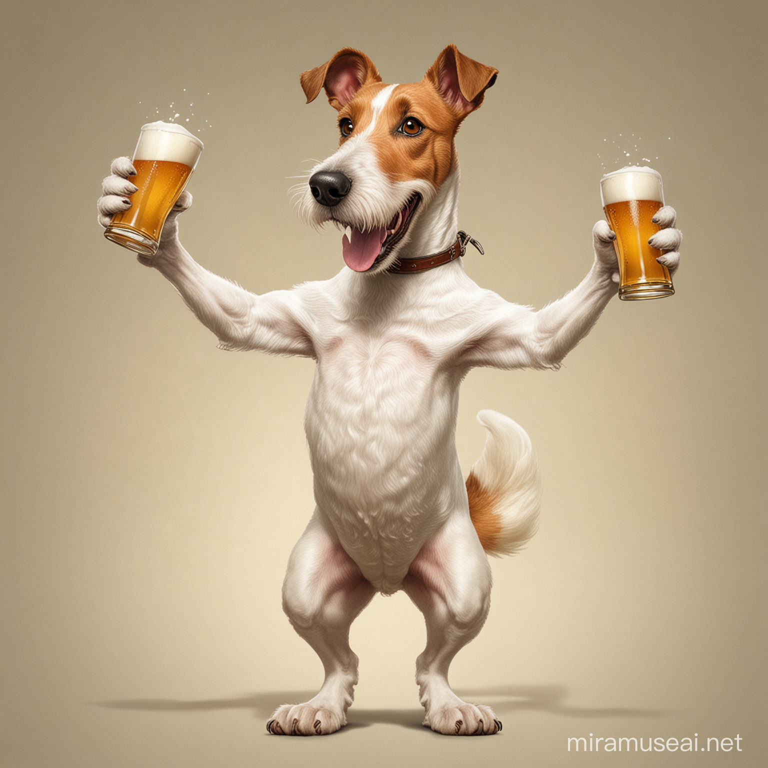 Anthropomorphic Fox Terrier Dog Toasting with Beer