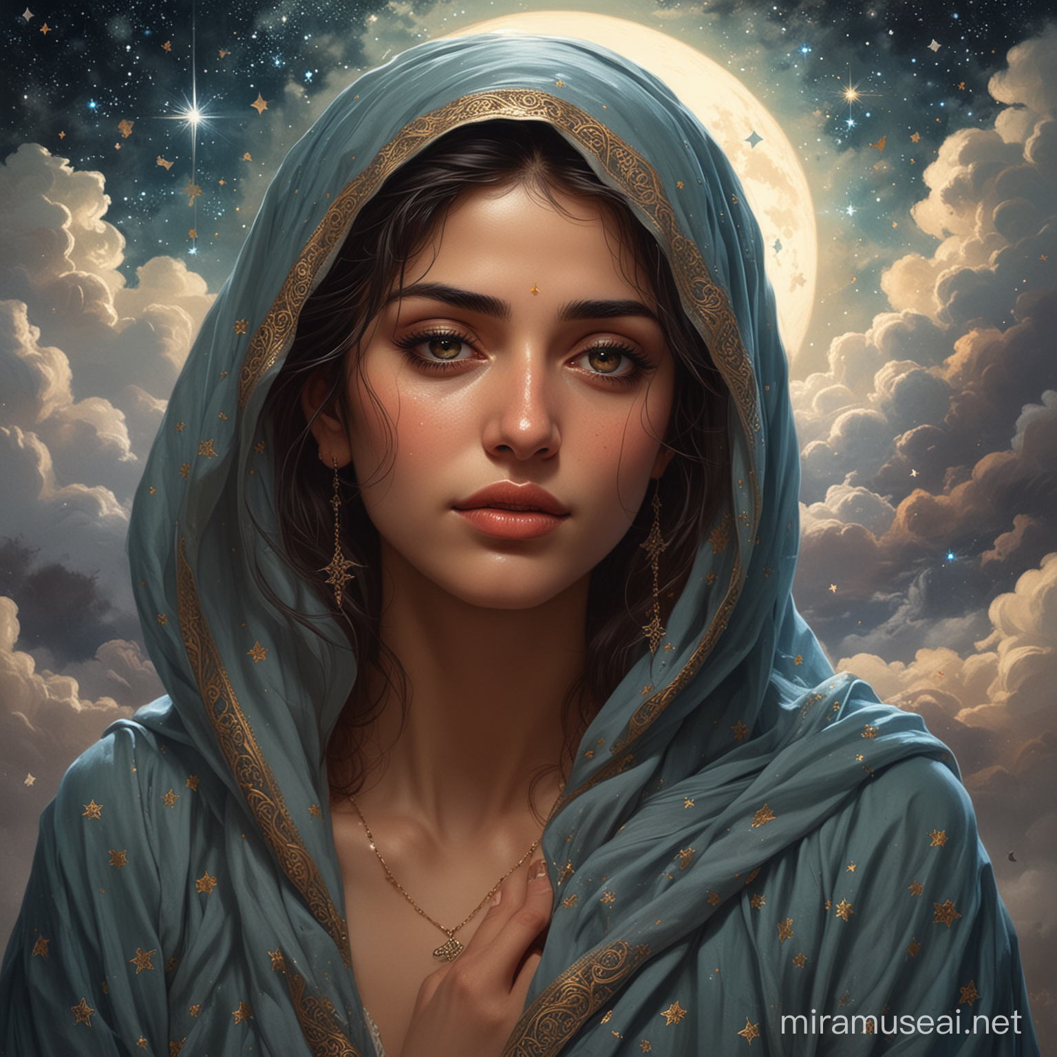 Persian Woman Reflecting Under Cloudy Skies Emotional Portrait Inspired by Persian Poetry
