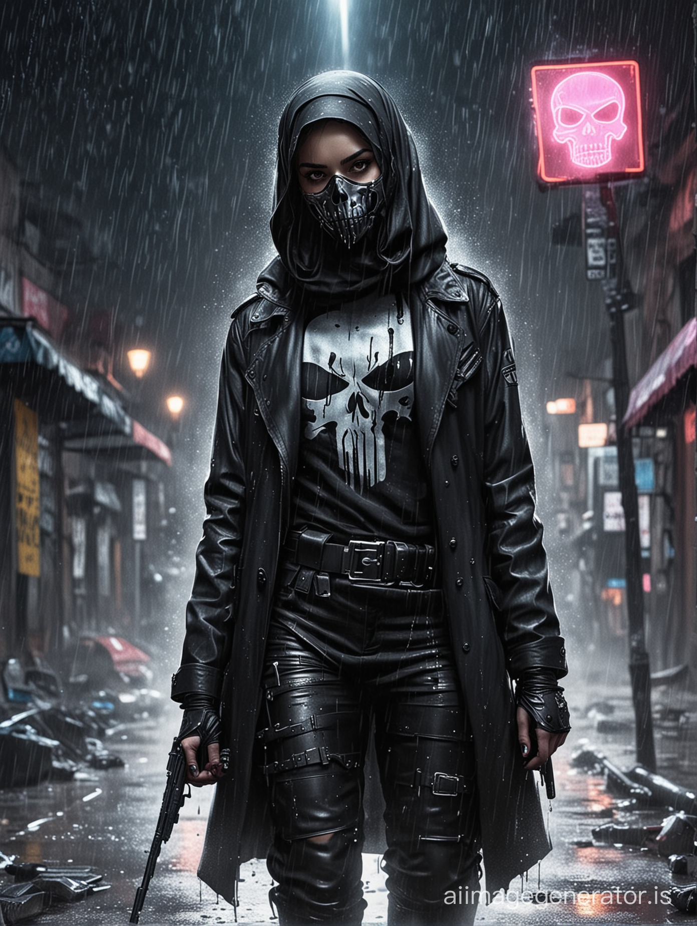 A logo of a gangster girl in hijab ، armed ،masked، night، raining، street signs، neon light، a punisher on her clothe، skull on ground