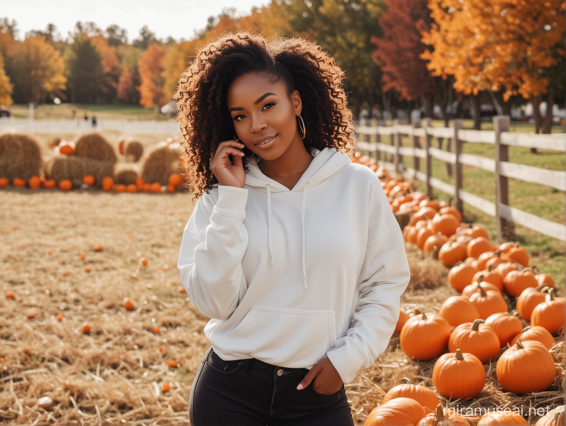 Beautiful Black Woman in White Hoodie and Black Jeans at Pumpkin Patch